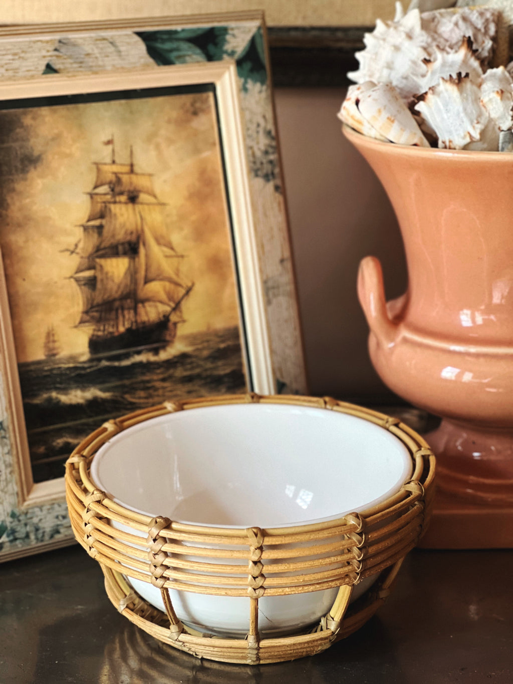 Ceramic condiment bowl with bamboo handled holder styled with vintage coastal decor