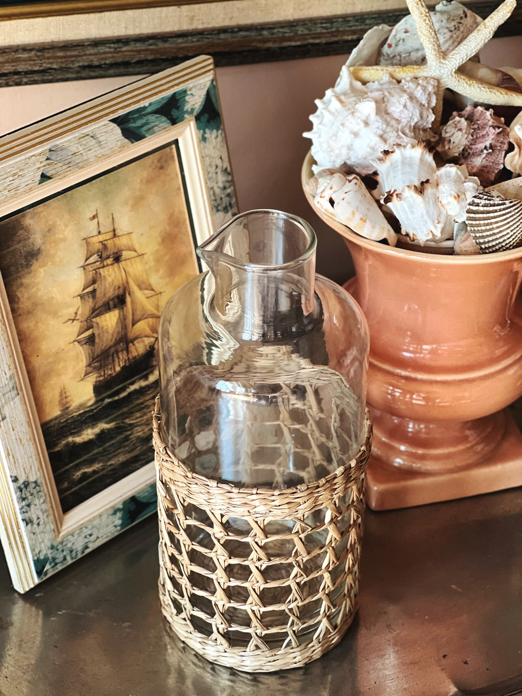 Woven seagrass sleeve glass pitcher, decorative carafe