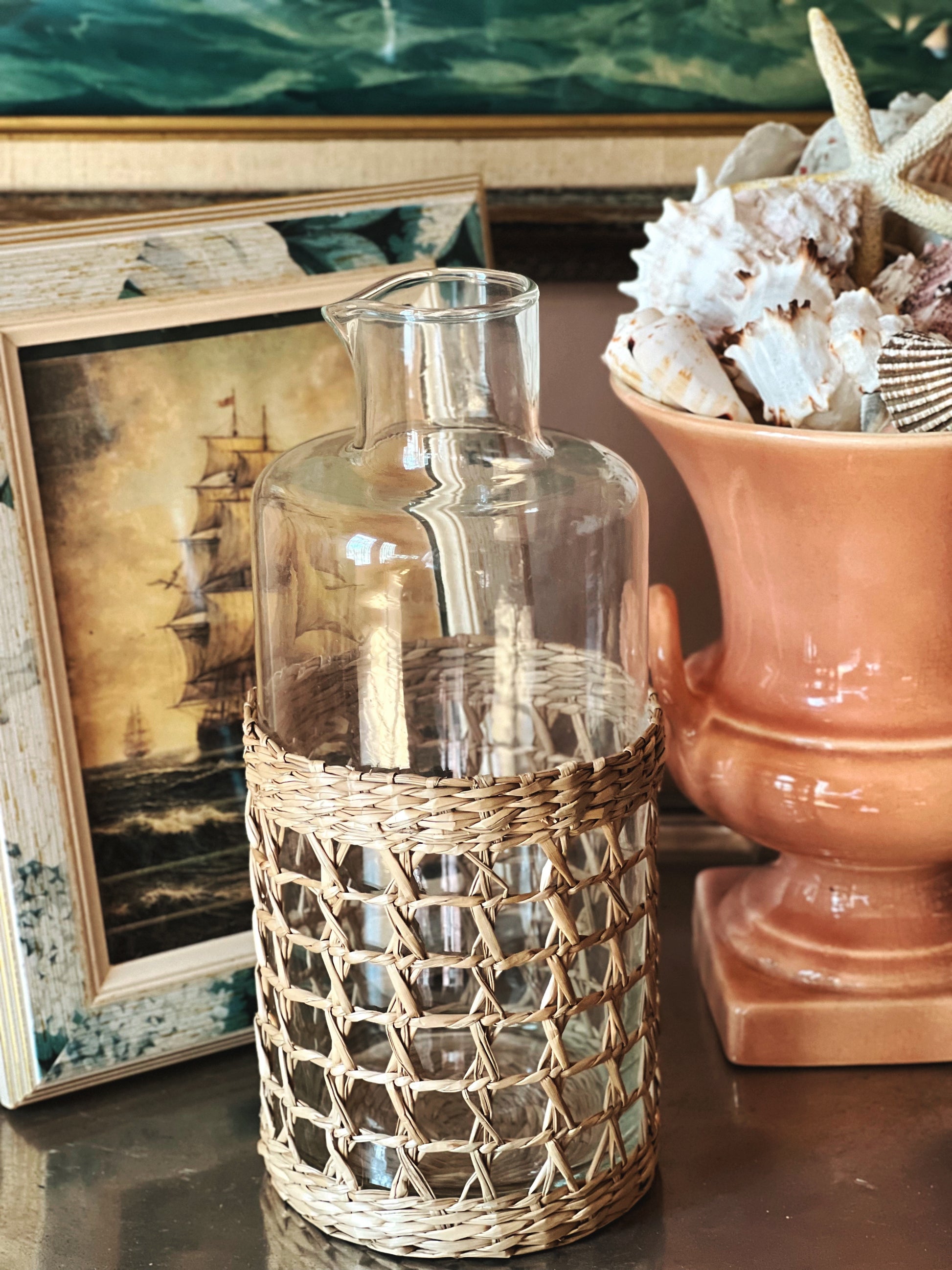 Vintage glass pitcher with seagrass wrap, natural fiber weave