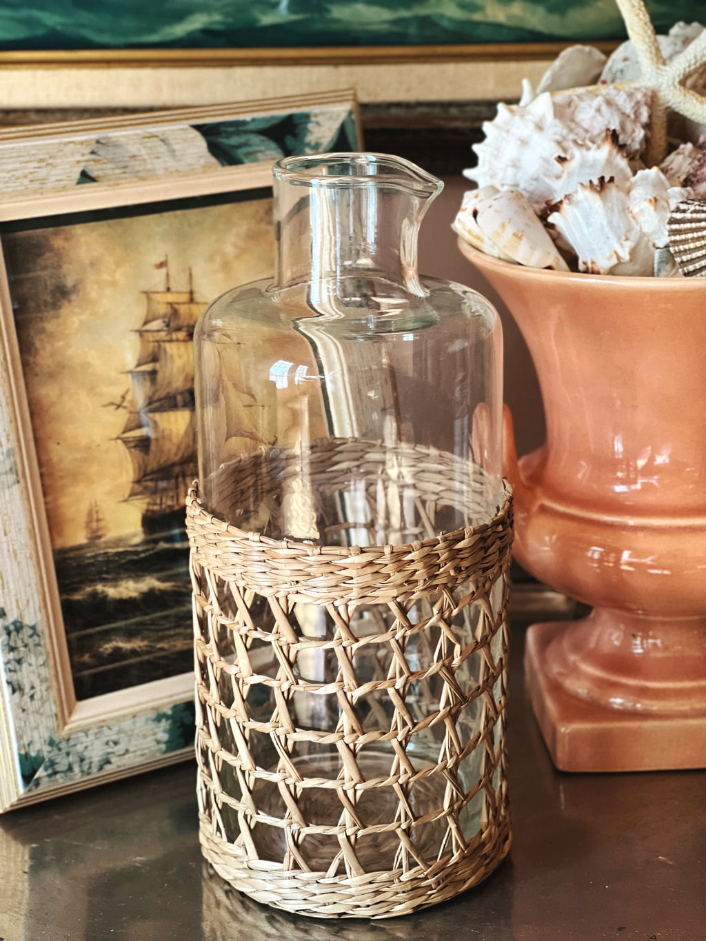 Vintage seagrass wrapped glass pitcher, woven glass carafe