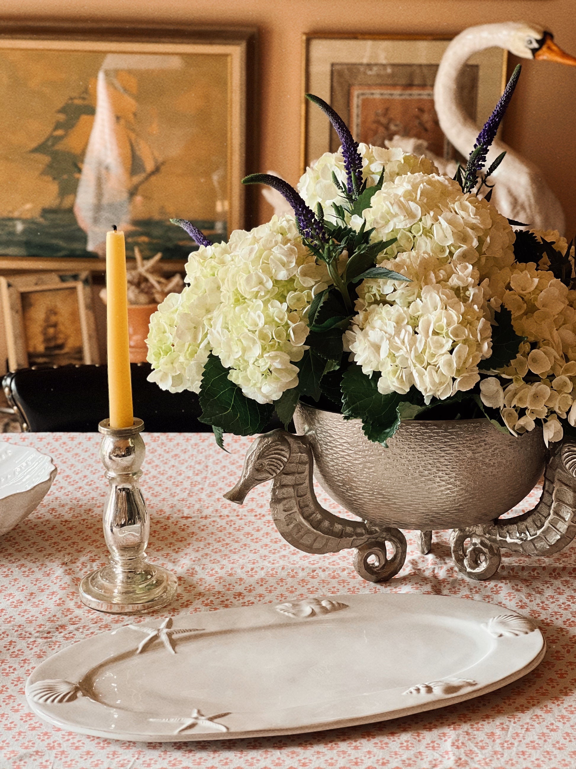 Coastal platter styled with florals and table setting