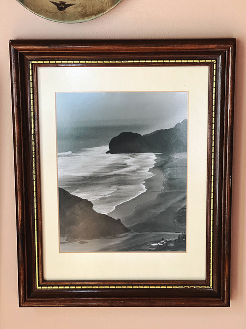 vintage framed black and white coastal photograph seascape wall art in wood frame