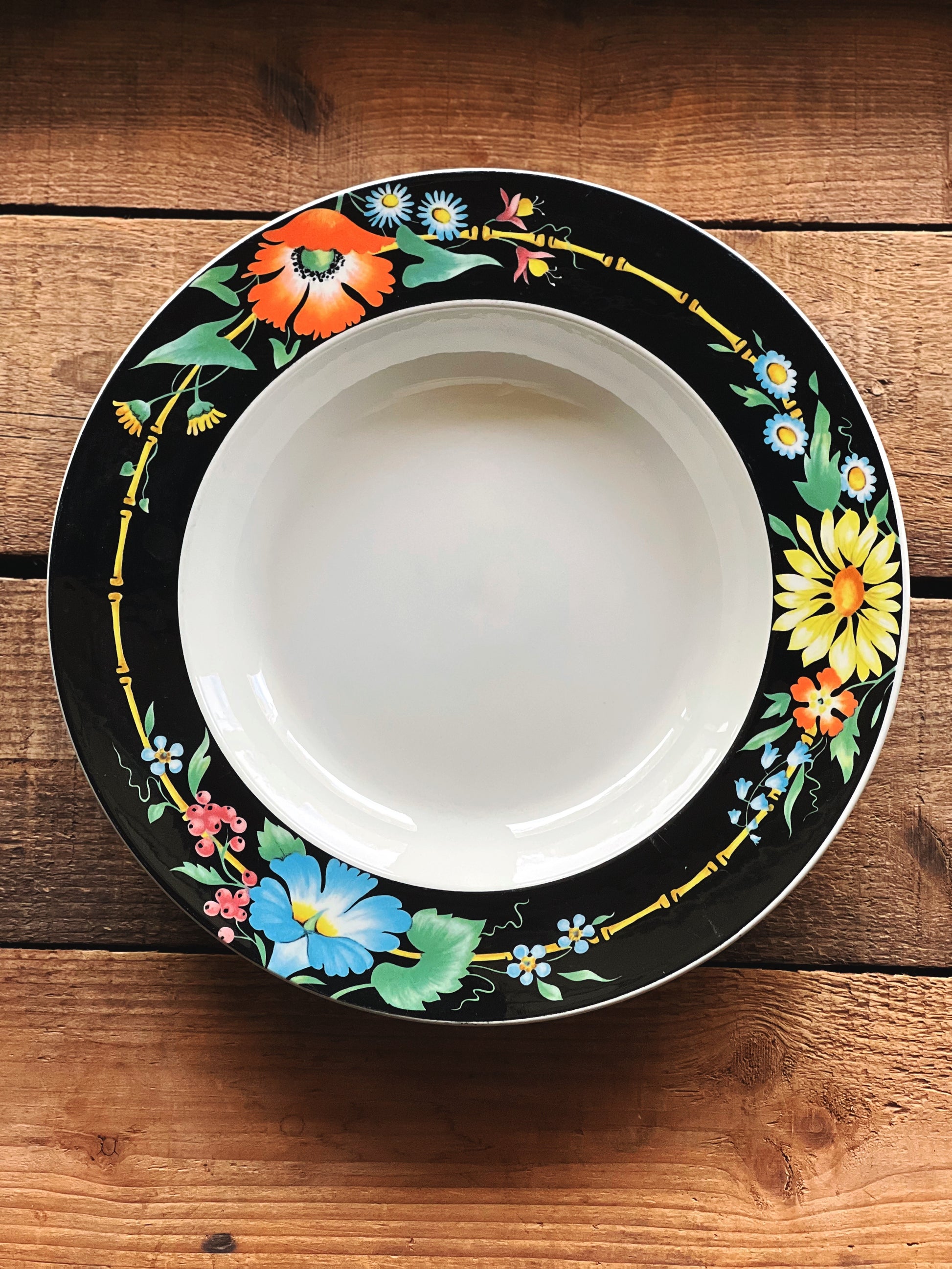 Vintage Villeroy & Boch Xenia Rimmed Soup Bowl | Floral Black Rim | Discontinued Dinnerware