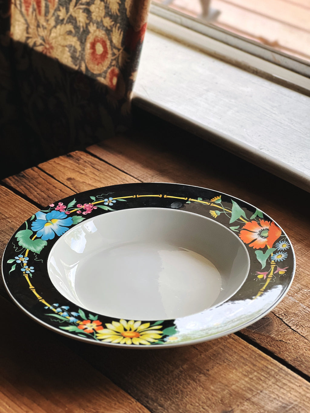 Vintage Villeroy & Boch Xenia Rimmed Soup Bowl | Floral Black Rim | Discontinued Dinnerware