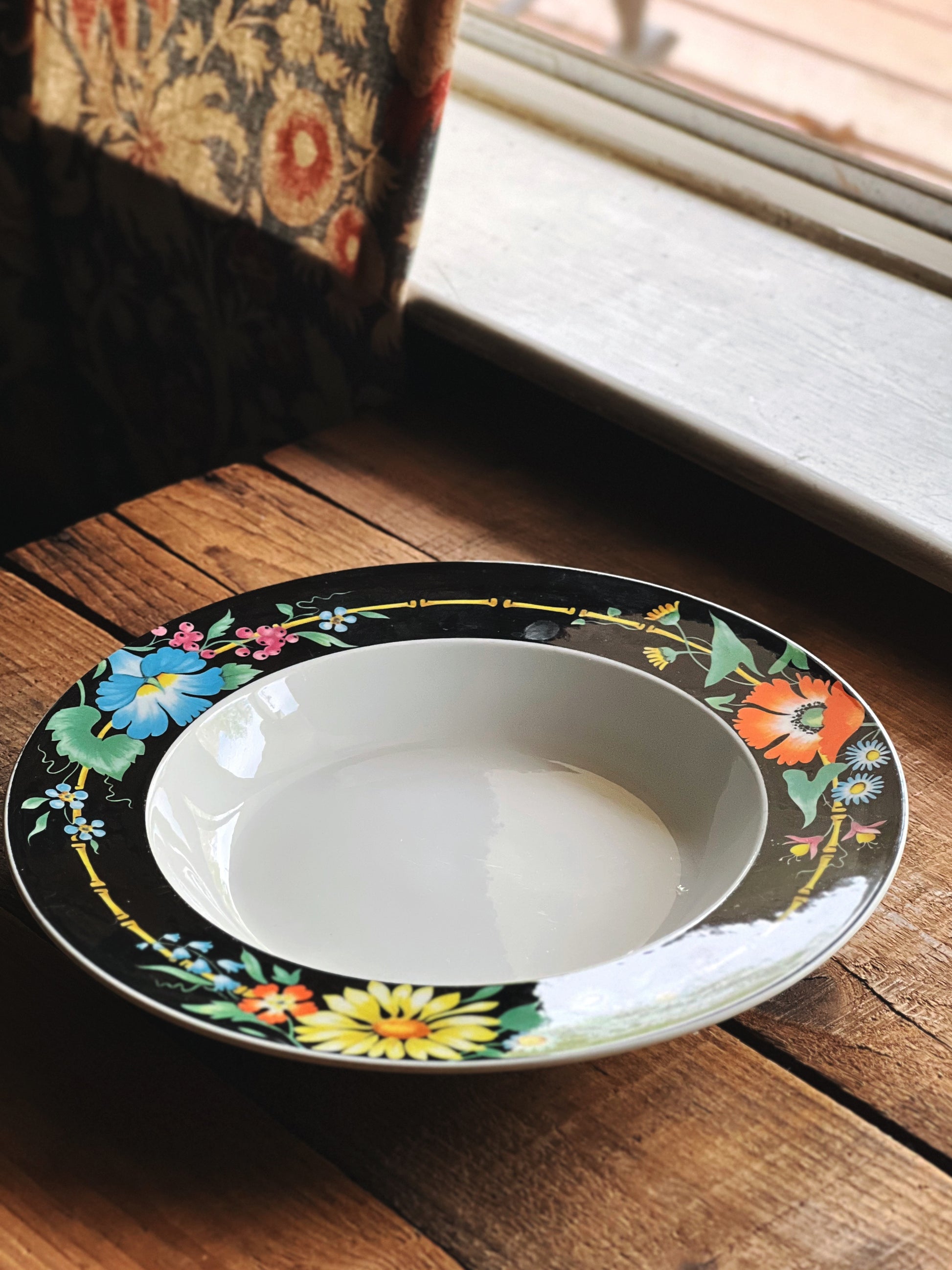 Vintage Villeroy & Boch Xenia Rimmed Soup Bowl | Floral Black Rim | Discontinued Dinnerware