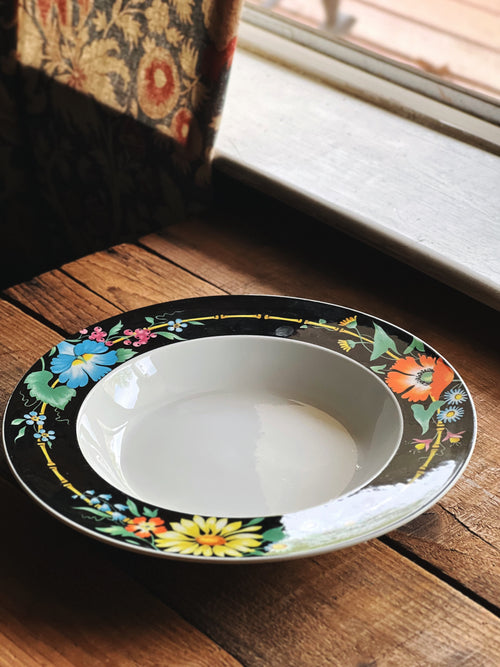 Vintage Villeroy & Boch Xenia Rimmed Soup Bowl | Floral Black Rim | Discontinued Dinnerware