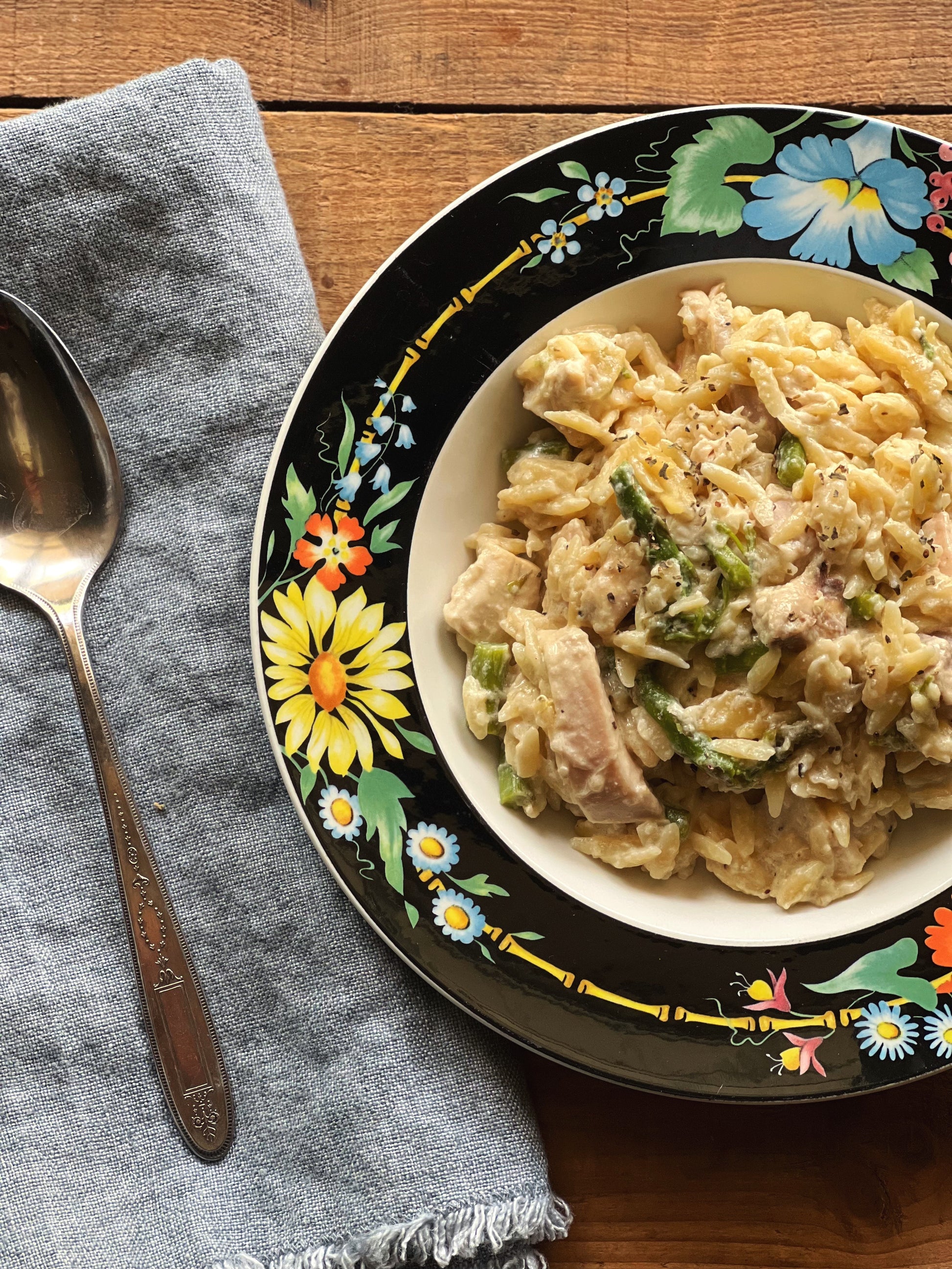 vintage Villeroy Boch Xenia soup bowl styled with pasta dish black floral rim