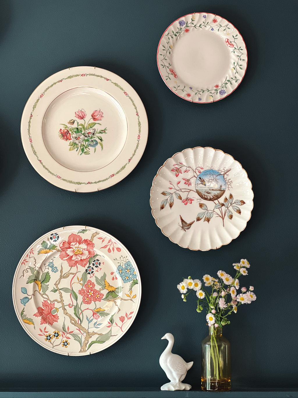Johnson Brothers Summer Chintz salad plate in vintage floral plate wall arrangement with mixed china