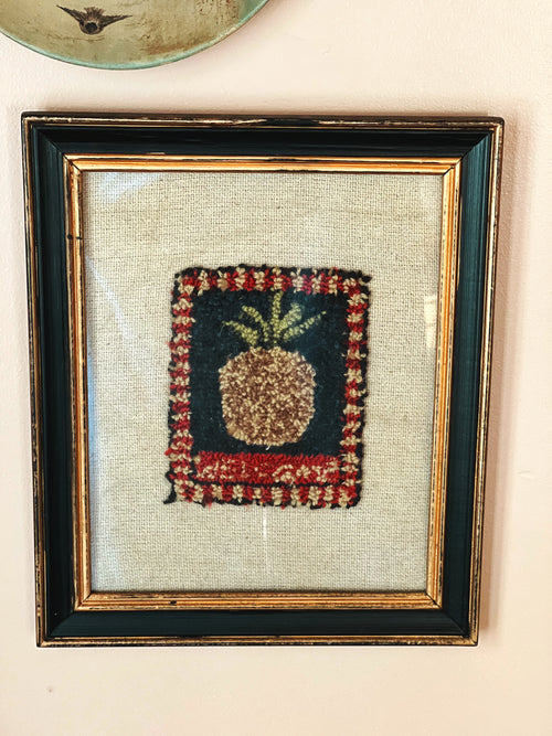 Framed vintage Barb Kemp textile print with punch needle embroidery design on burlap background, displayed as warm folk art wall decor