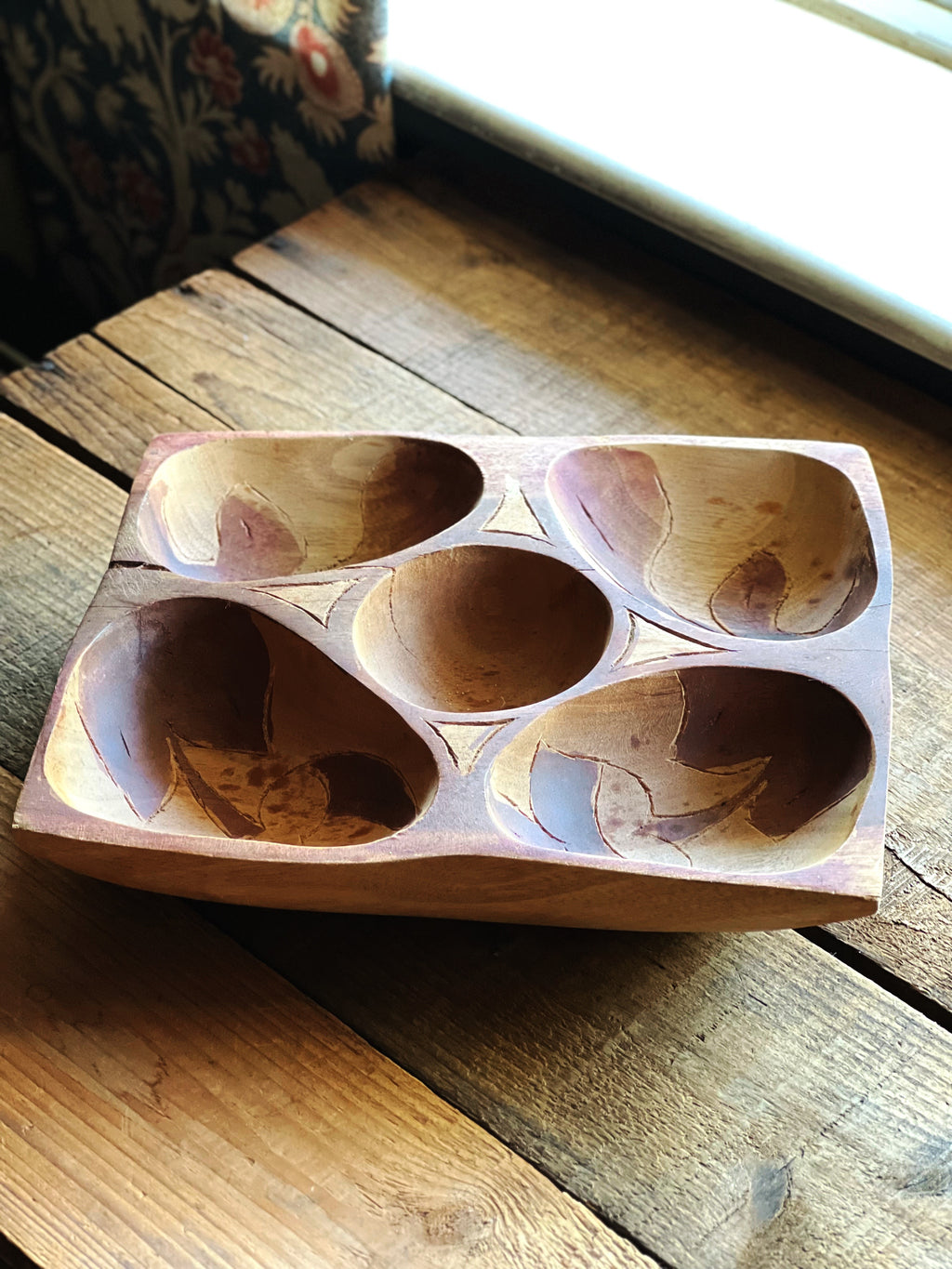 angled view vintage wood serving tray showing carved compartments and grain detail