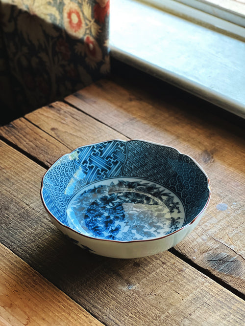 angle view of inside of blue and white chinoiserie bowl