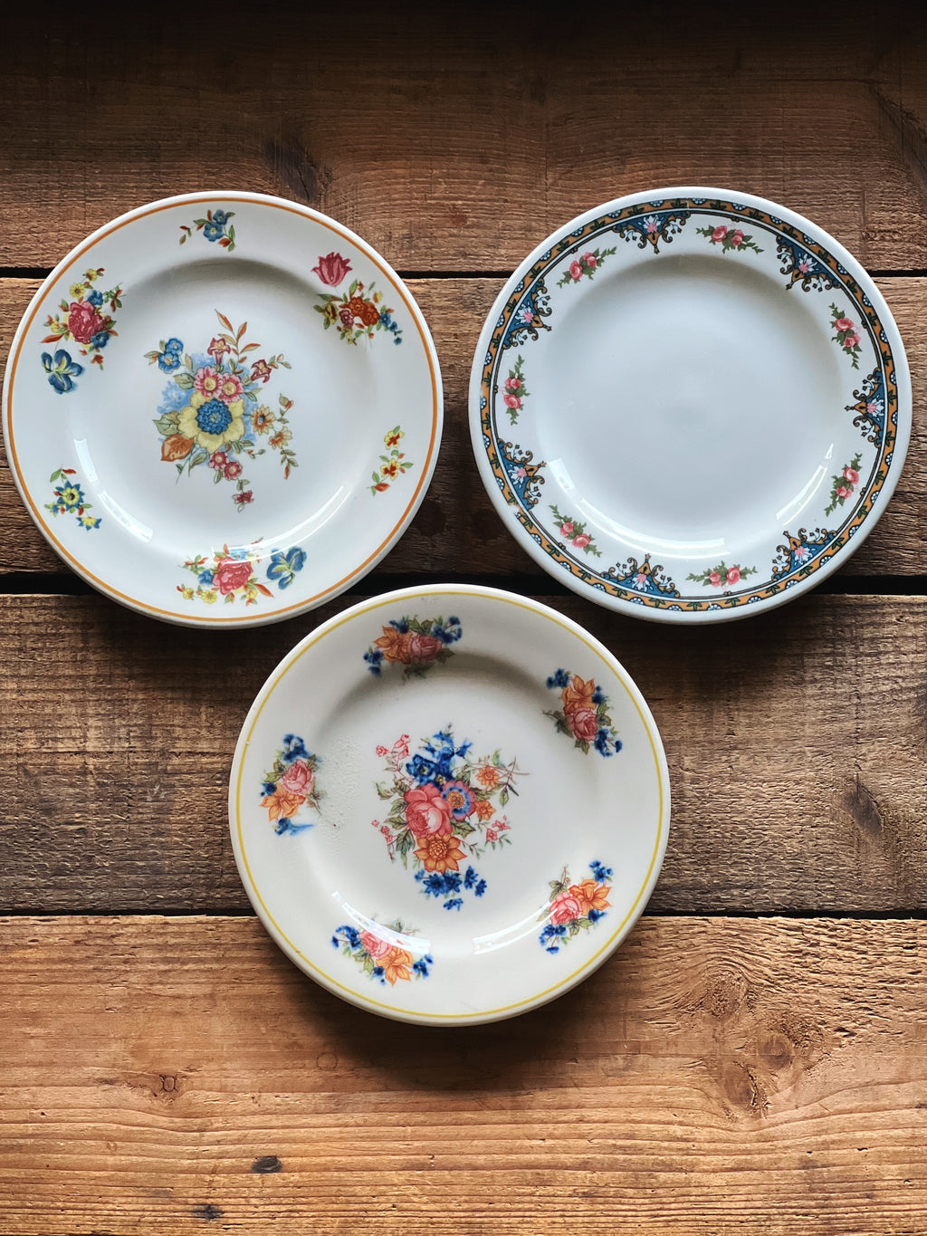 set of three small vintage appetizer plates mismatched floral and patterned china
