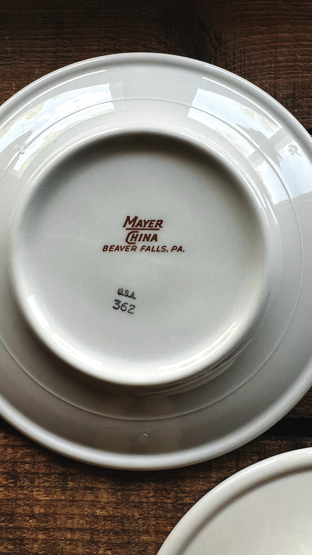 underside of vintage china plate showing maker mark Mayer China