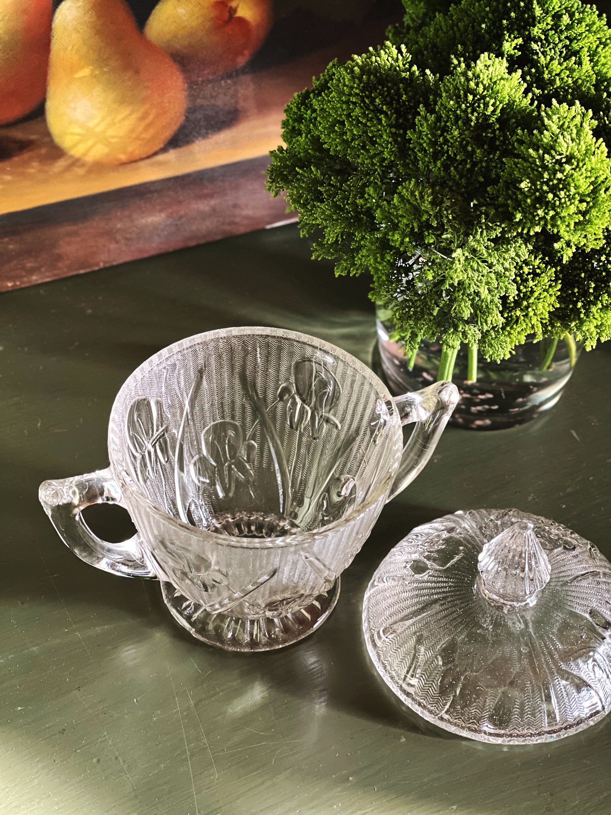 Vintage Jeannette Glass Iris & Herringbone Sugar Bowl with Lid