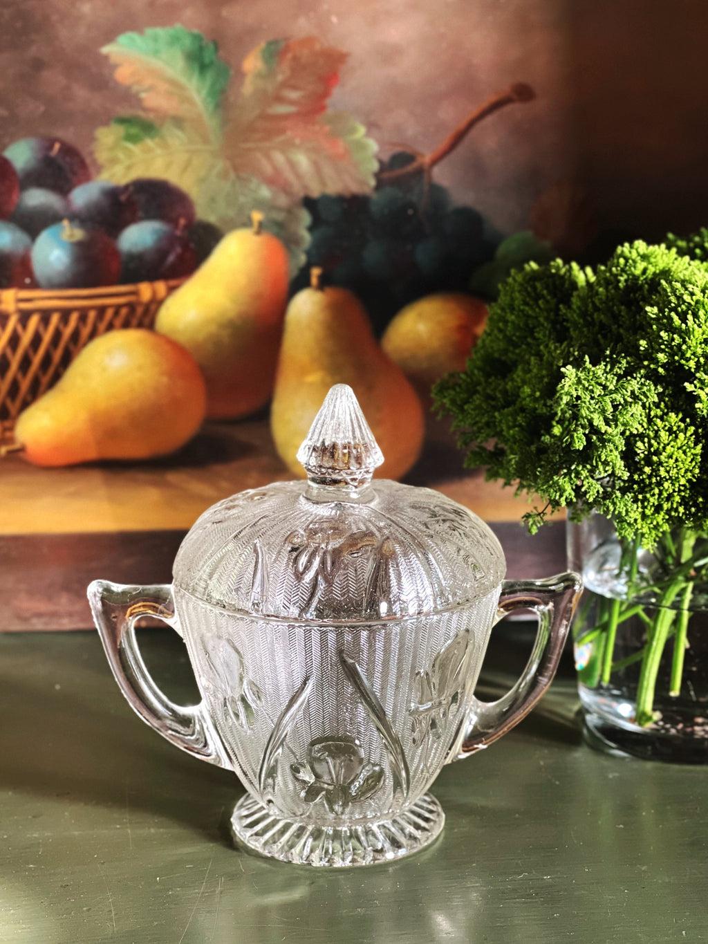 Vintage Jeannette Glass Iris & Herringbone Sugar Bowl with Lid
