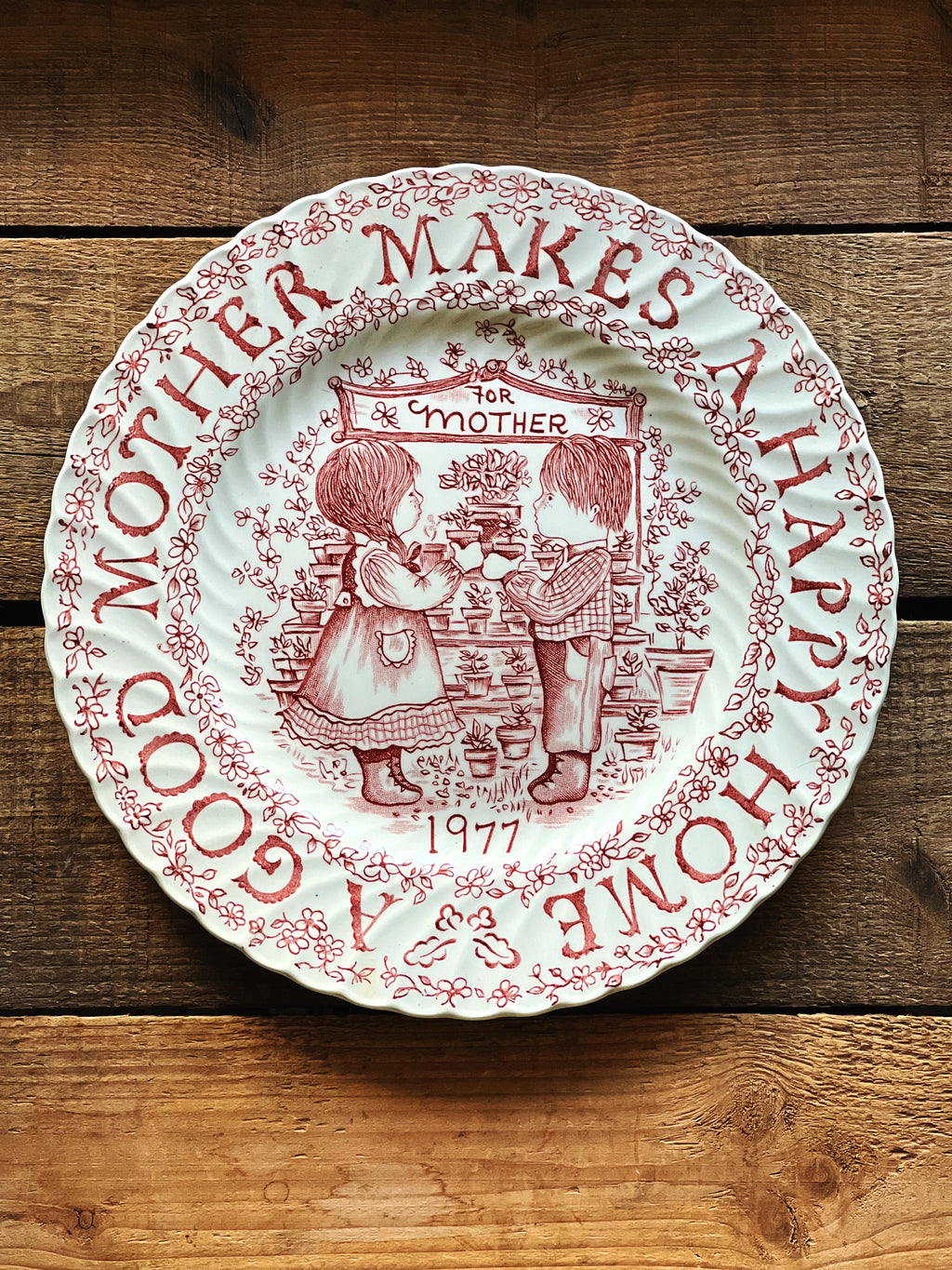Vintage 1977 Mother’s Day plate by Royal Crownford England with red transferware illustration and sentimental wording