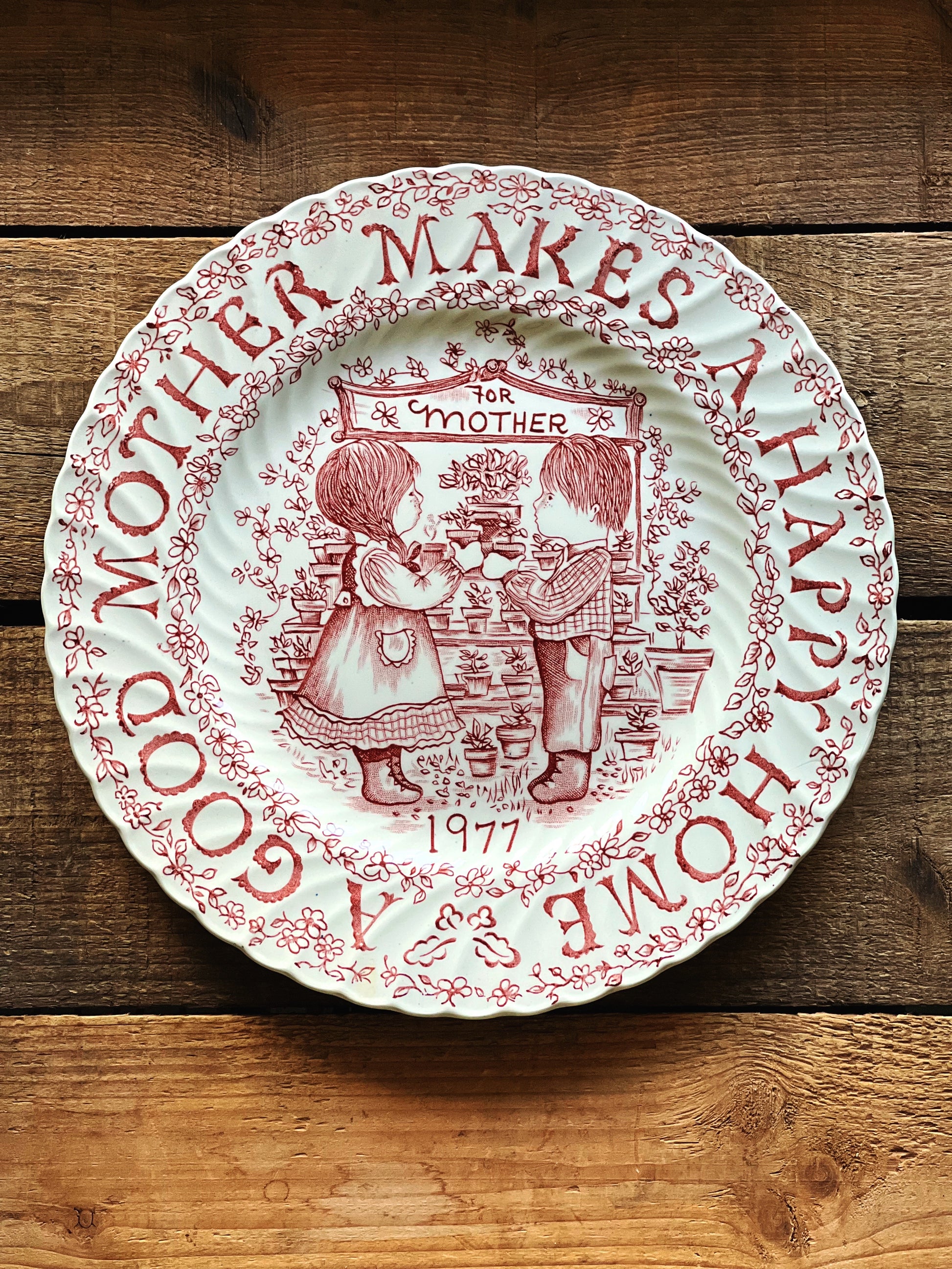 Vintage 1977 Mother’s Day plate by Royal Crownford England with red transferware illustration and sentimental wording