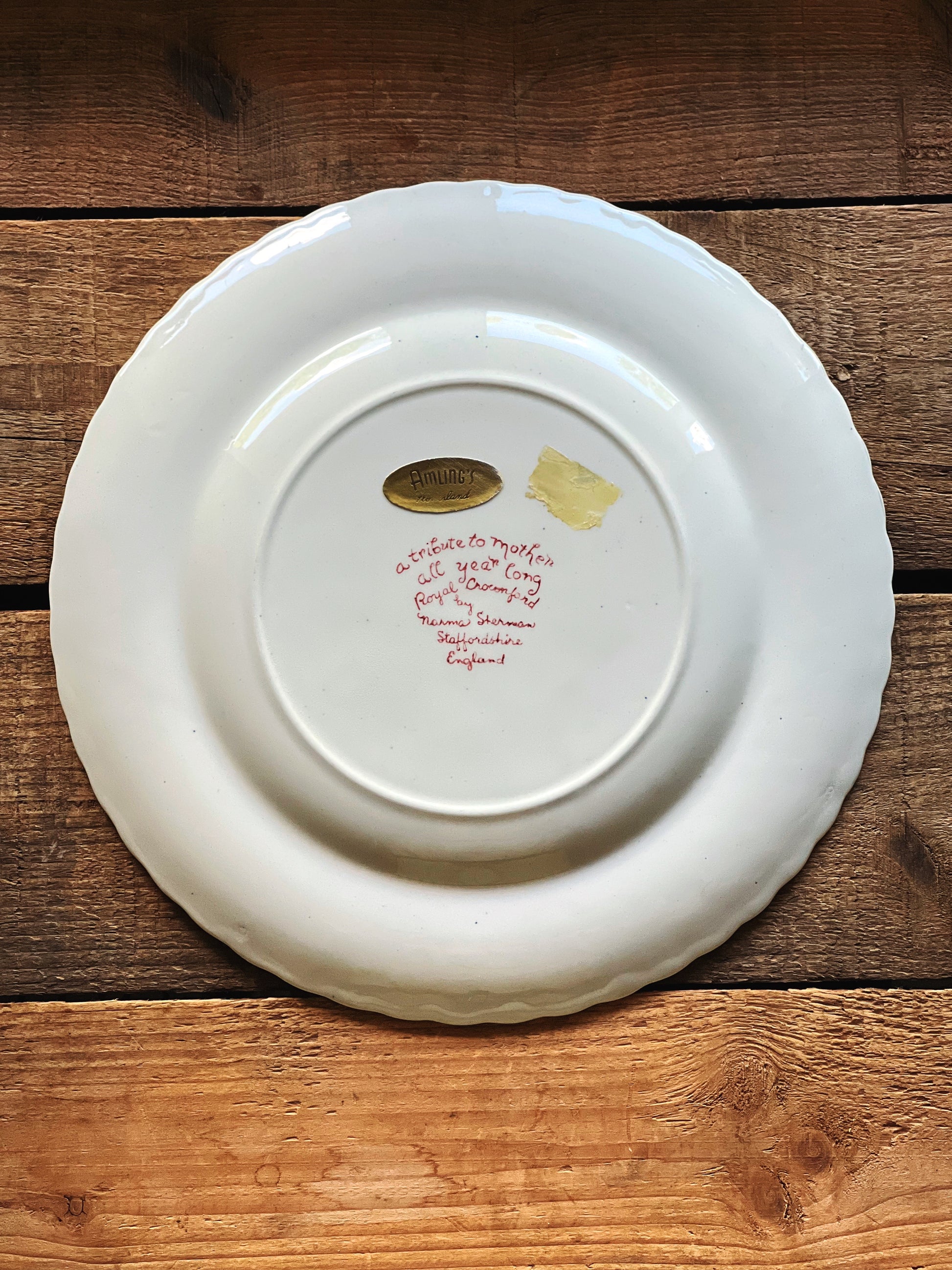 Back of vintage Royal Crownford plate showing maker mark and stamp