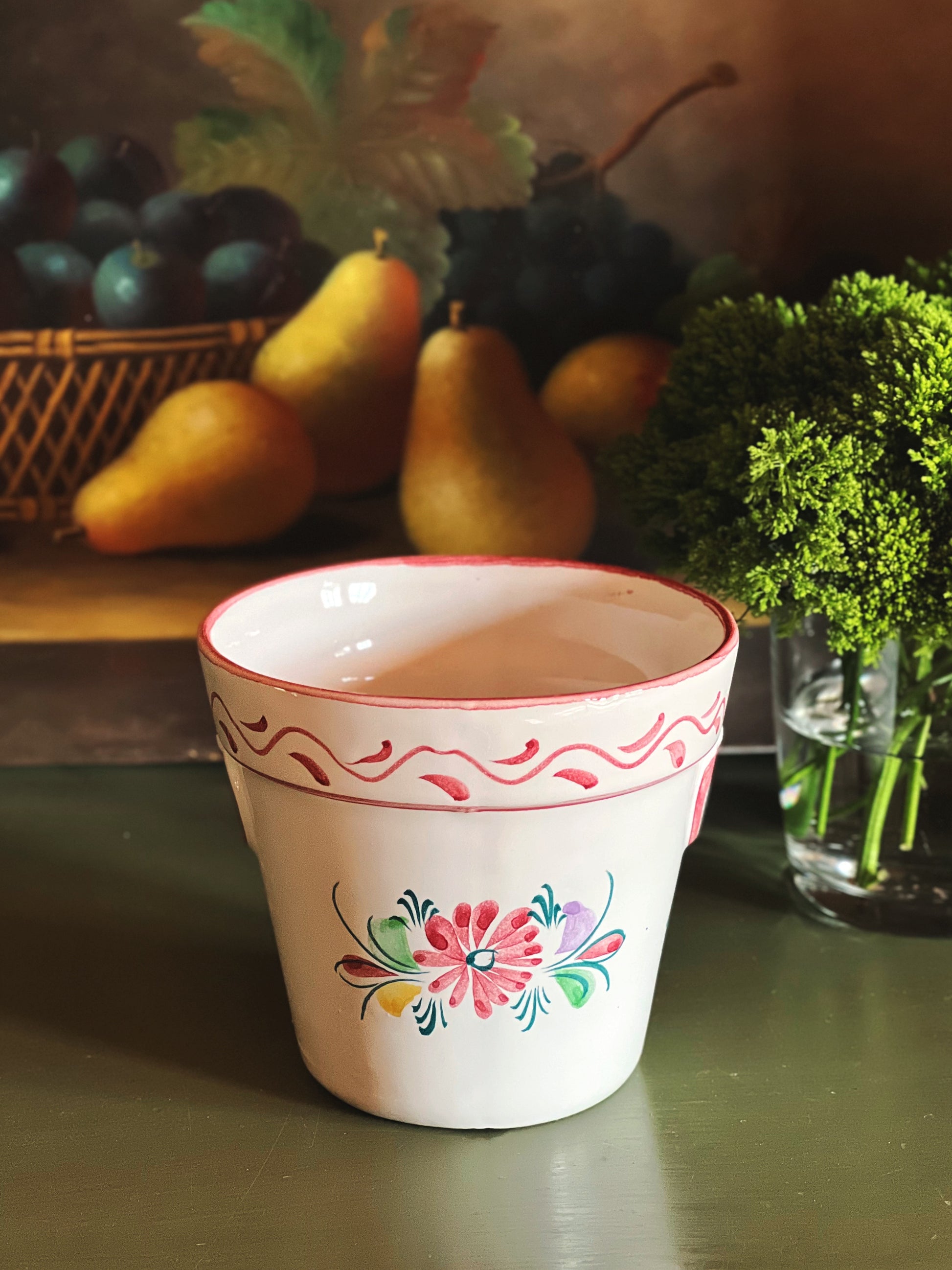 Small vintage ceramic planter with floral design front view