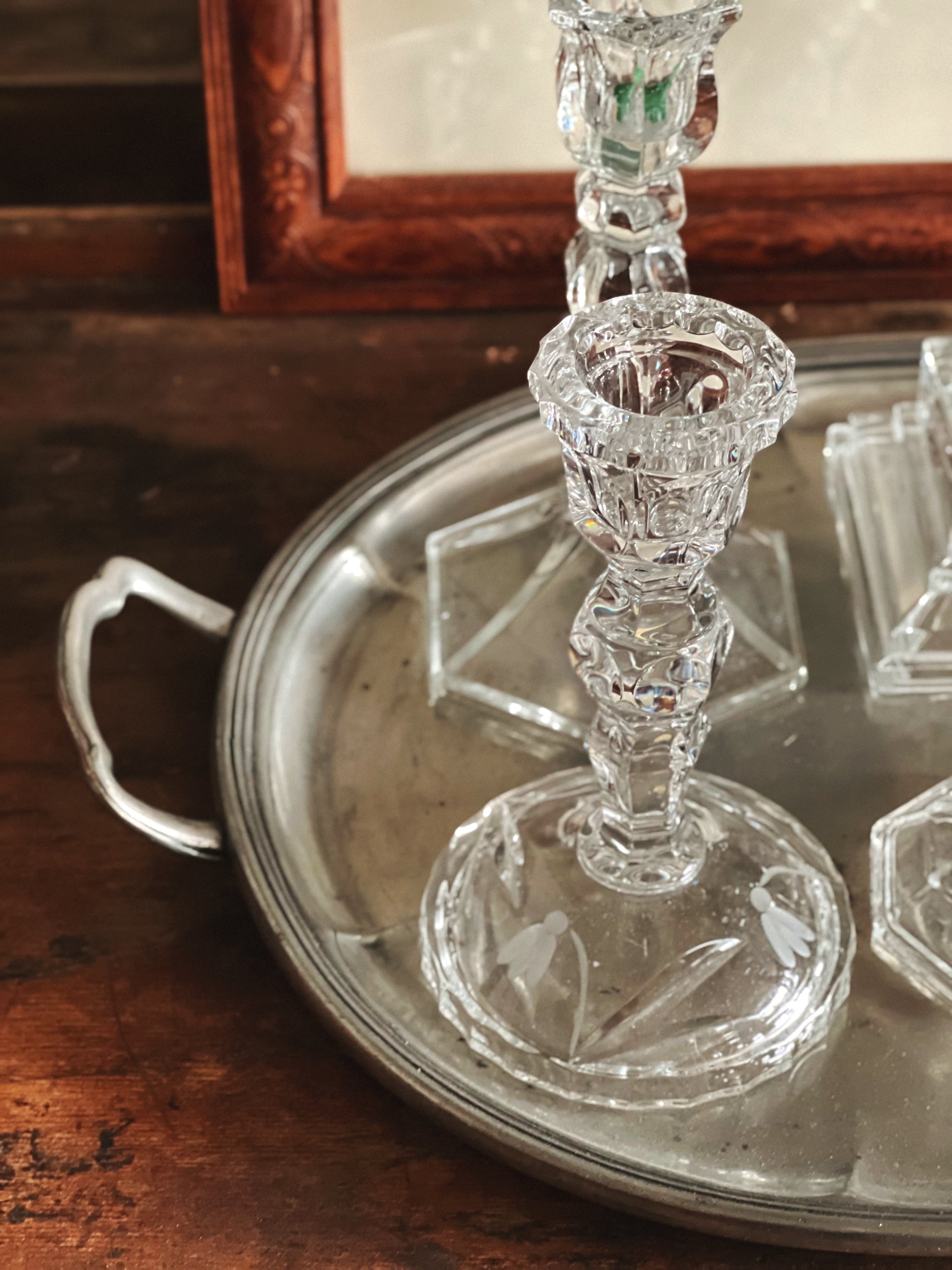 Collected Crystal & Glass Candlesticks on Vintage Pewter Tray | Set of 6