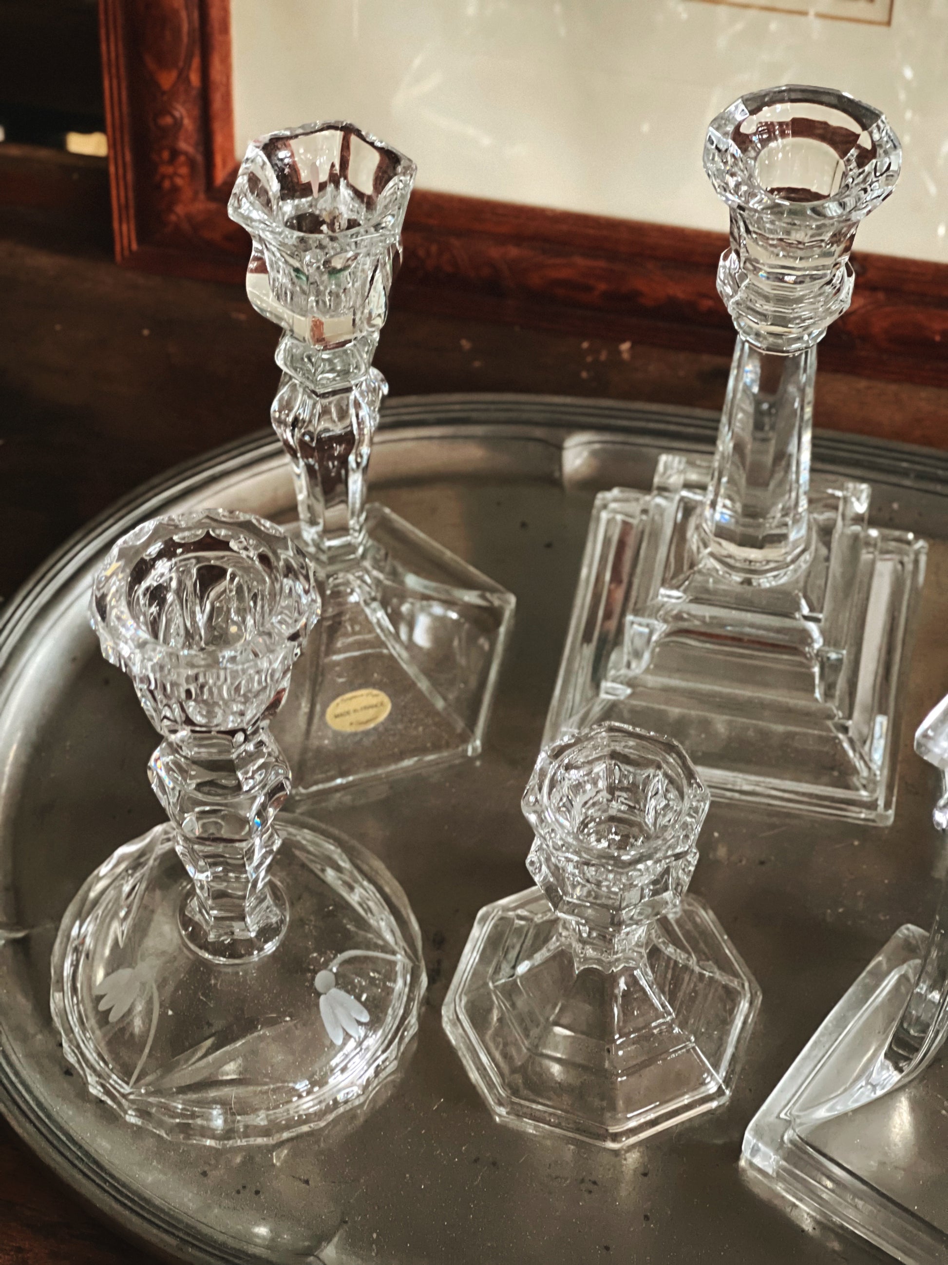 close up of crystal candlestick bases and detail