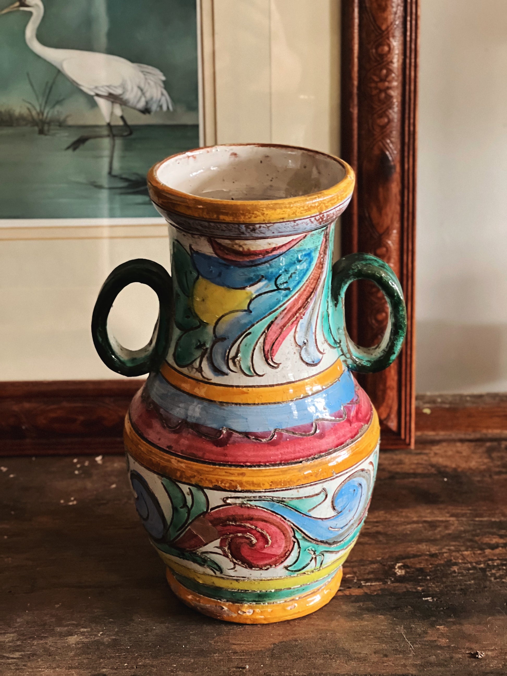vintage hand painted ceramic vase with colorful European coastal design