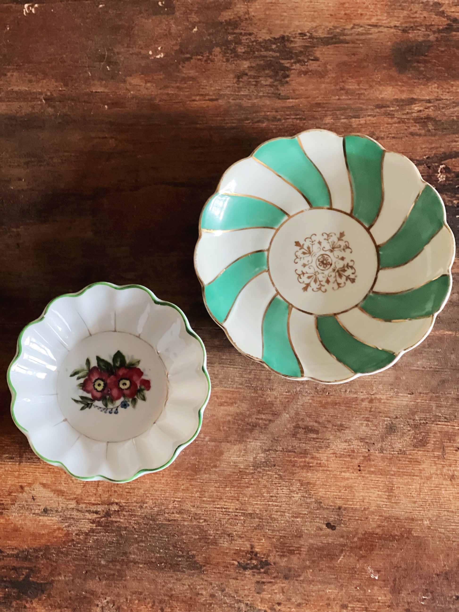 pair of vintage mismatched trinket dishes with striped and floral patterns