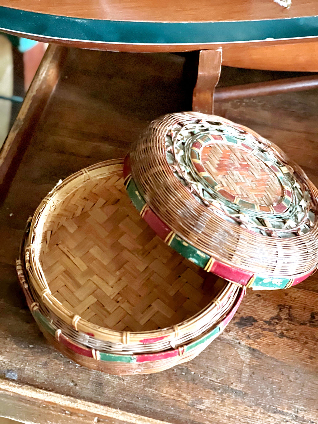 open lidded basket showing interior weave detail