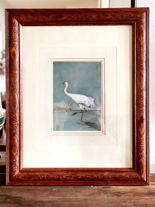 heron illustration in warm wood frame for shelf display