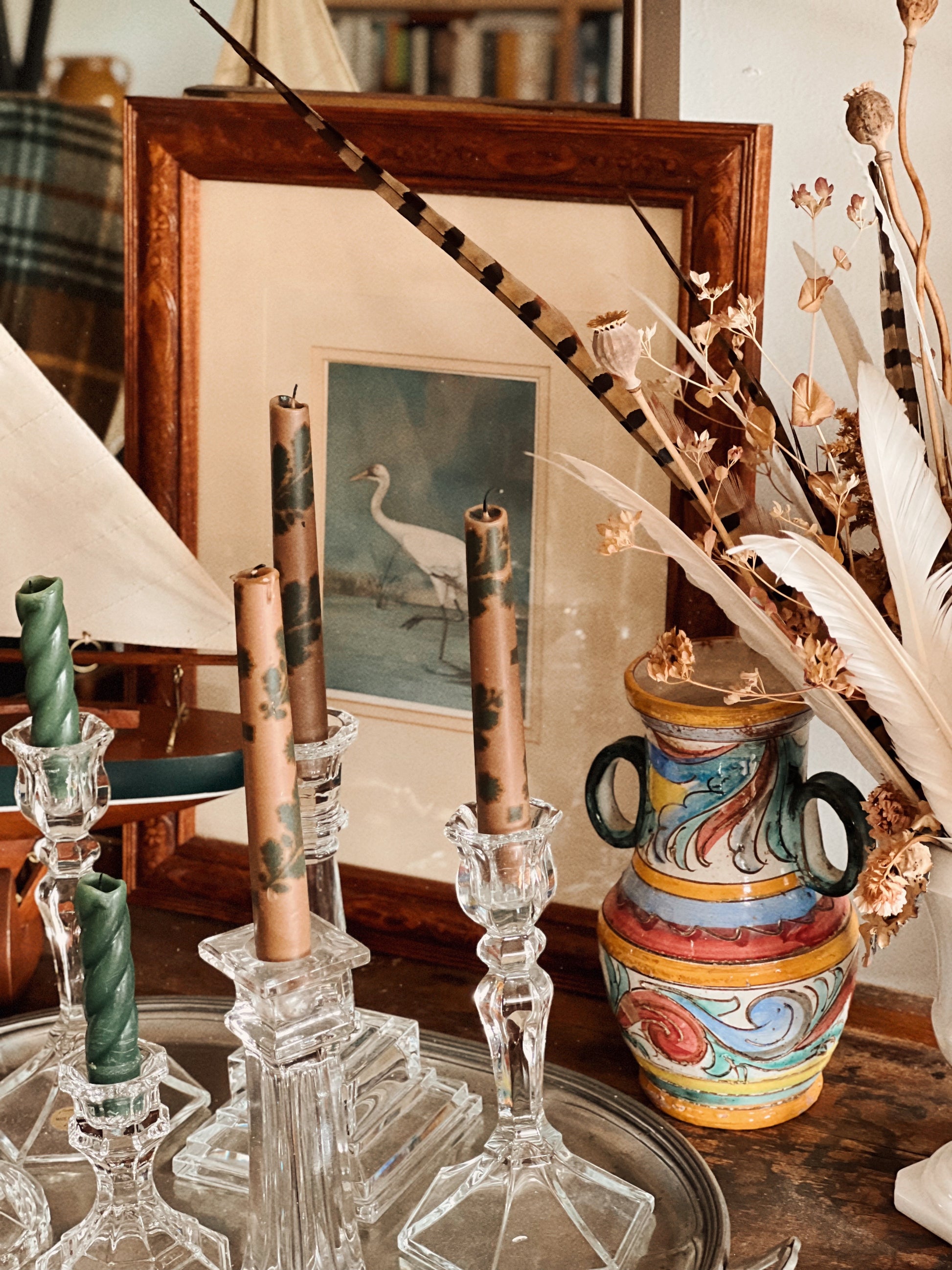 coastal bird art styled in collected interior setting