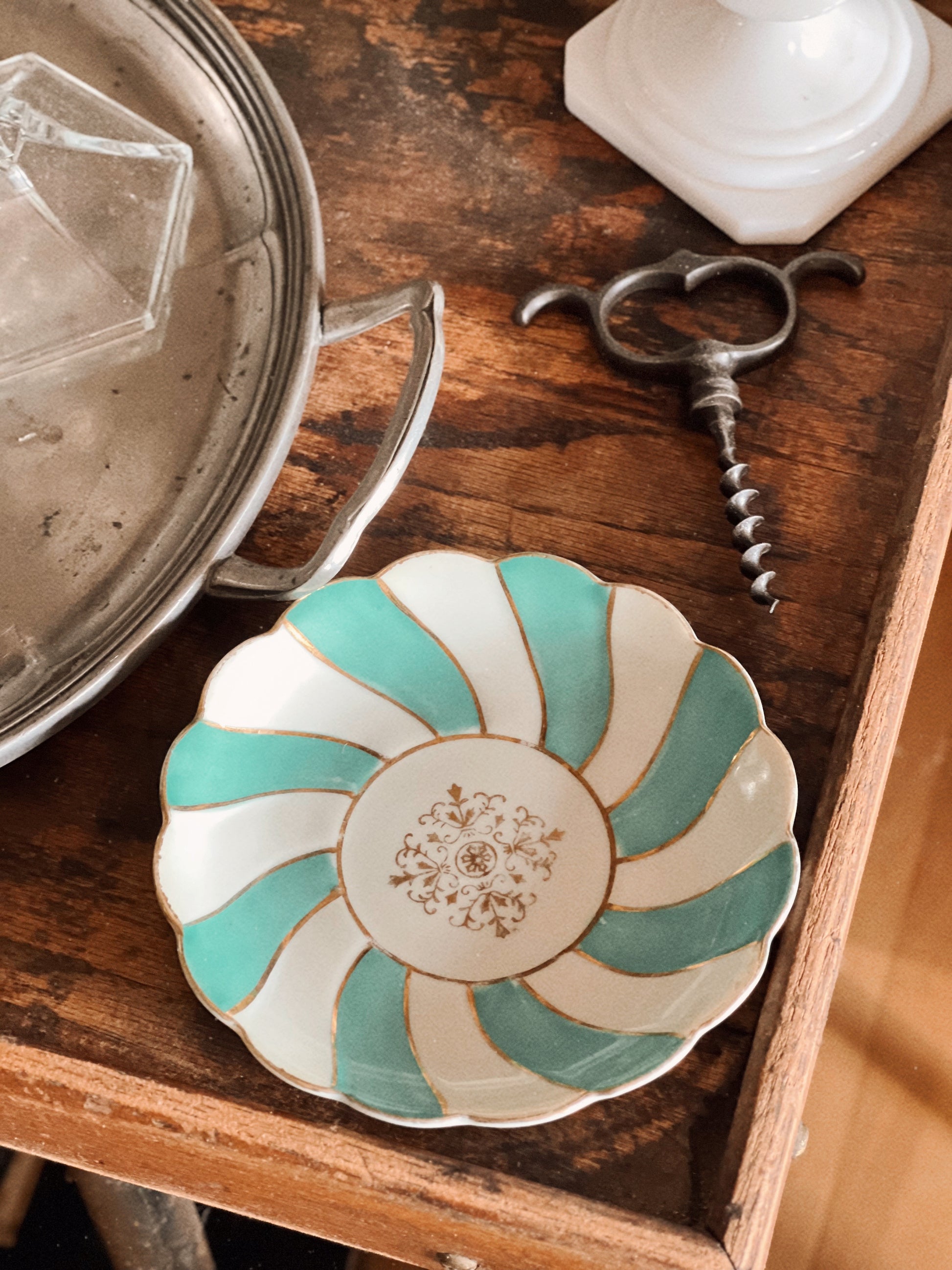  striped vintage plate with green and white pattern