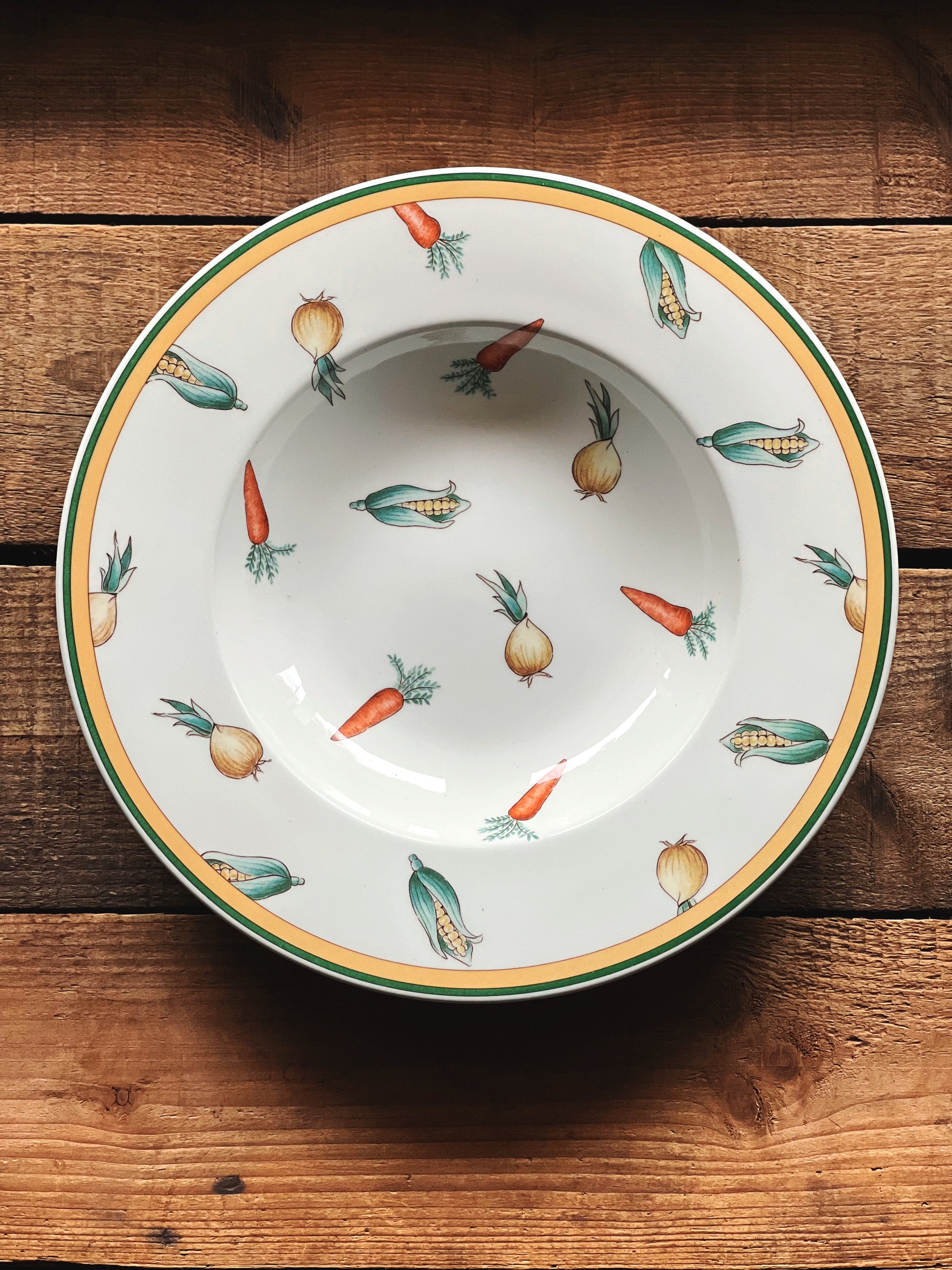 Overhead view of a rimmed soup bowl with a vegetable motif
