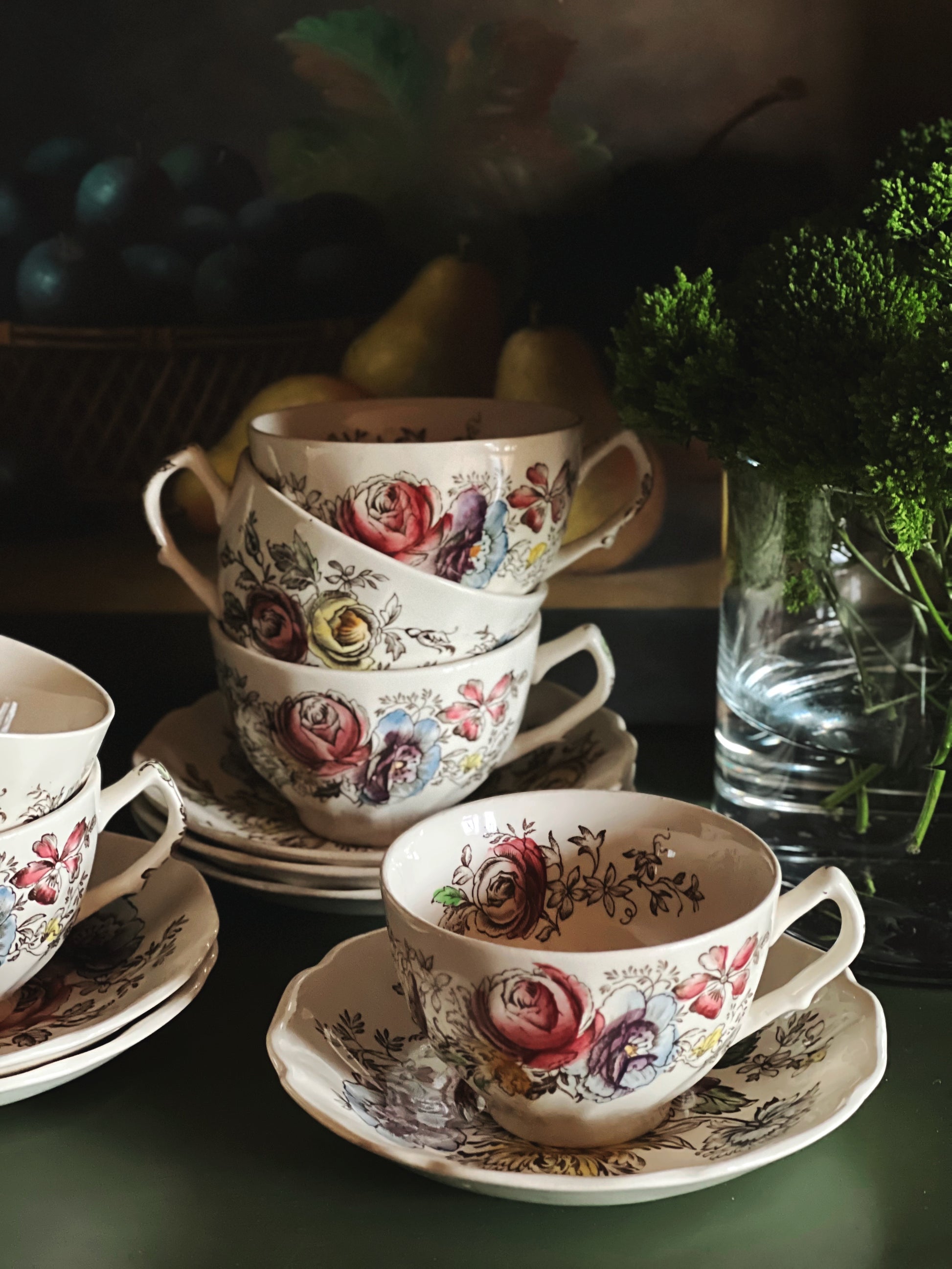 Close up of floral design on a JOHNSON BROTHERS Sheraton teacup and saucer
