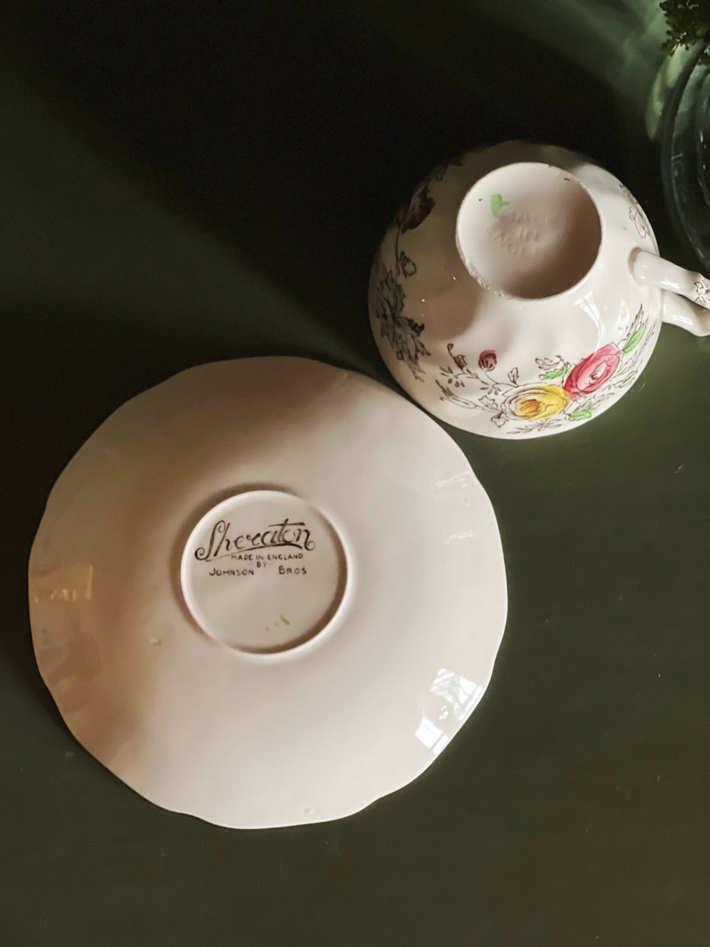 Backstamp of vintage Johnson Brothers Sheraton teacup and saucer