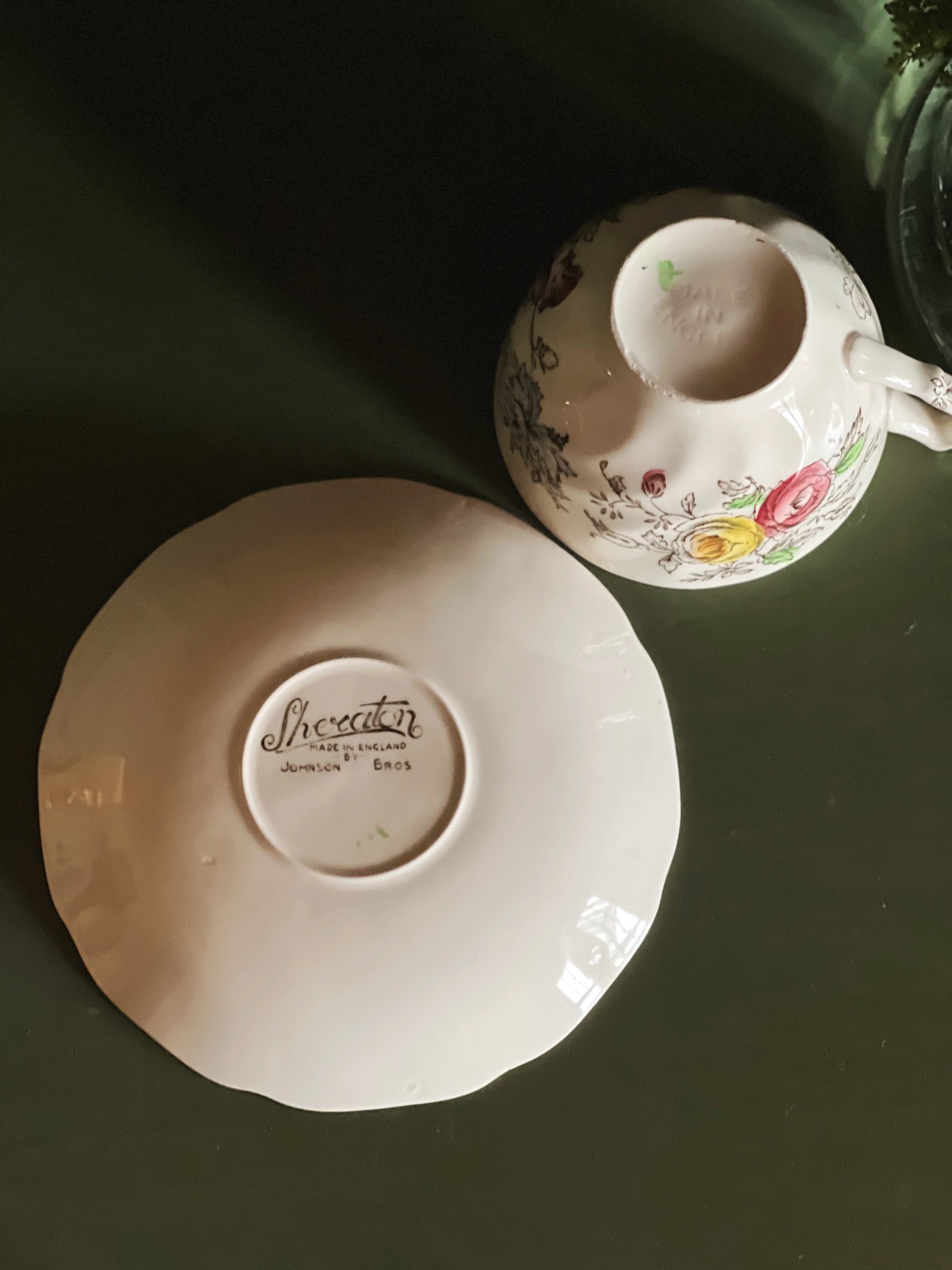 Backstamp of vintage Johnson Brothers Sheraton teacup and saucer