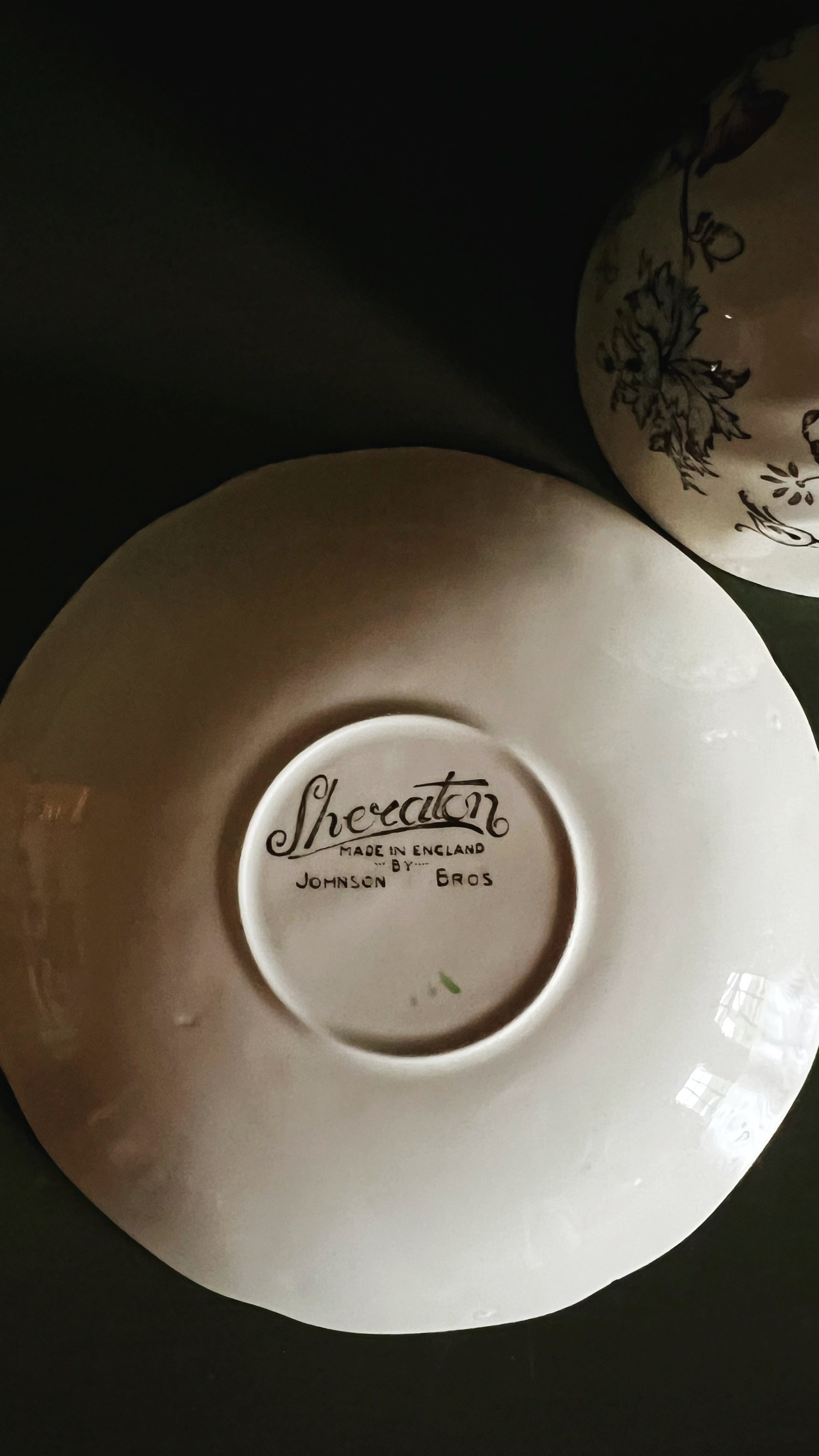 Close up view of a Sheraton backstamp on a JOHNSON BROTHERS saucer