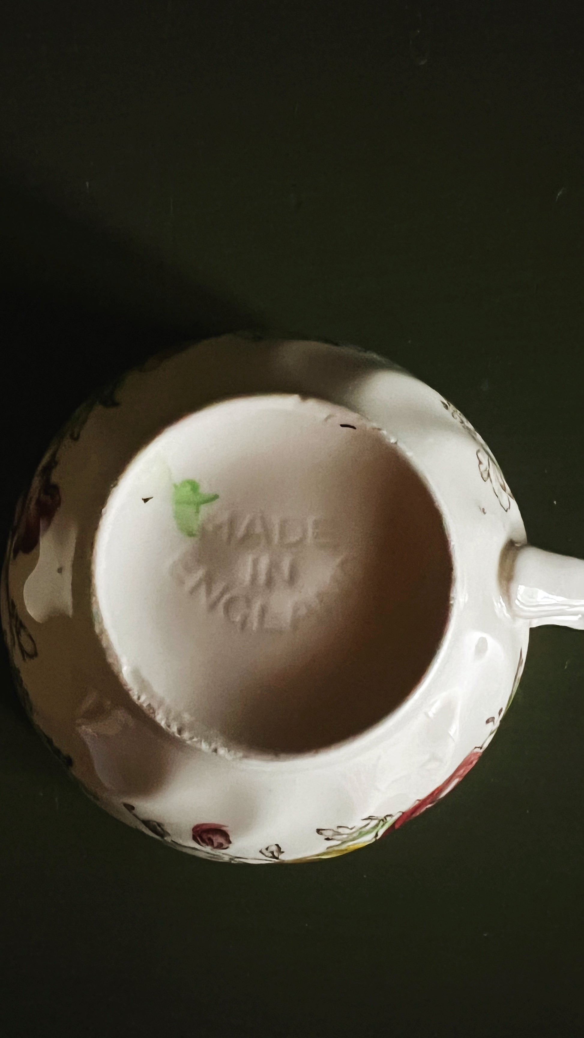 Close up of a Made in England backstamp on a JOHNSON BROTHERS Sheraton teacup