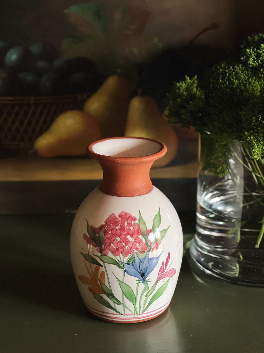 Virginia red ware vase with hand painted floral design by Emerson Creek Pottery
