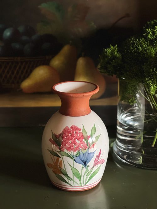Virginia red ware vase with hand painted floral design by Emerson Creek Pottery