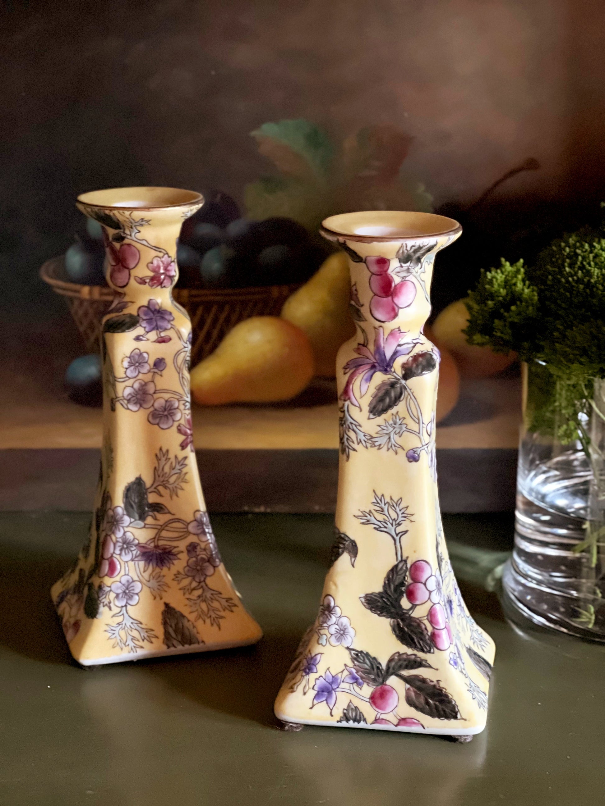 Vintage Chinese porcelain candlesticks with colorful floral design