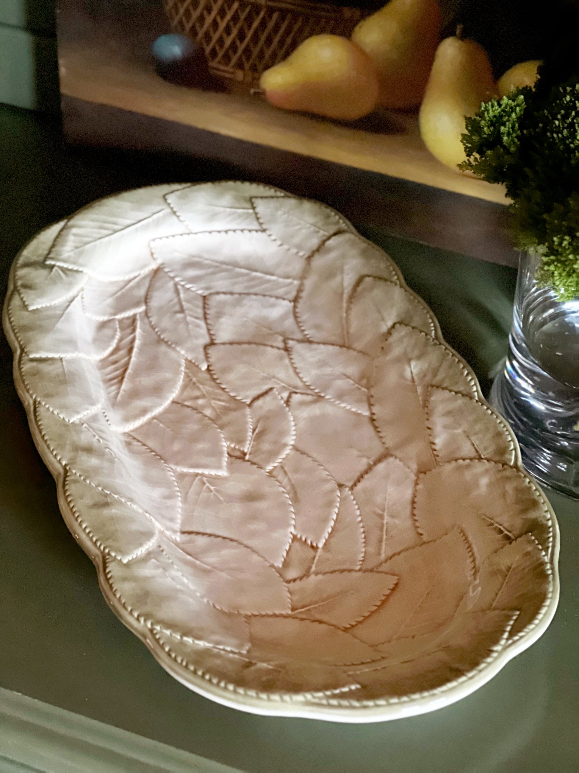 overhead angle of ceramic Italian platter with leaf design