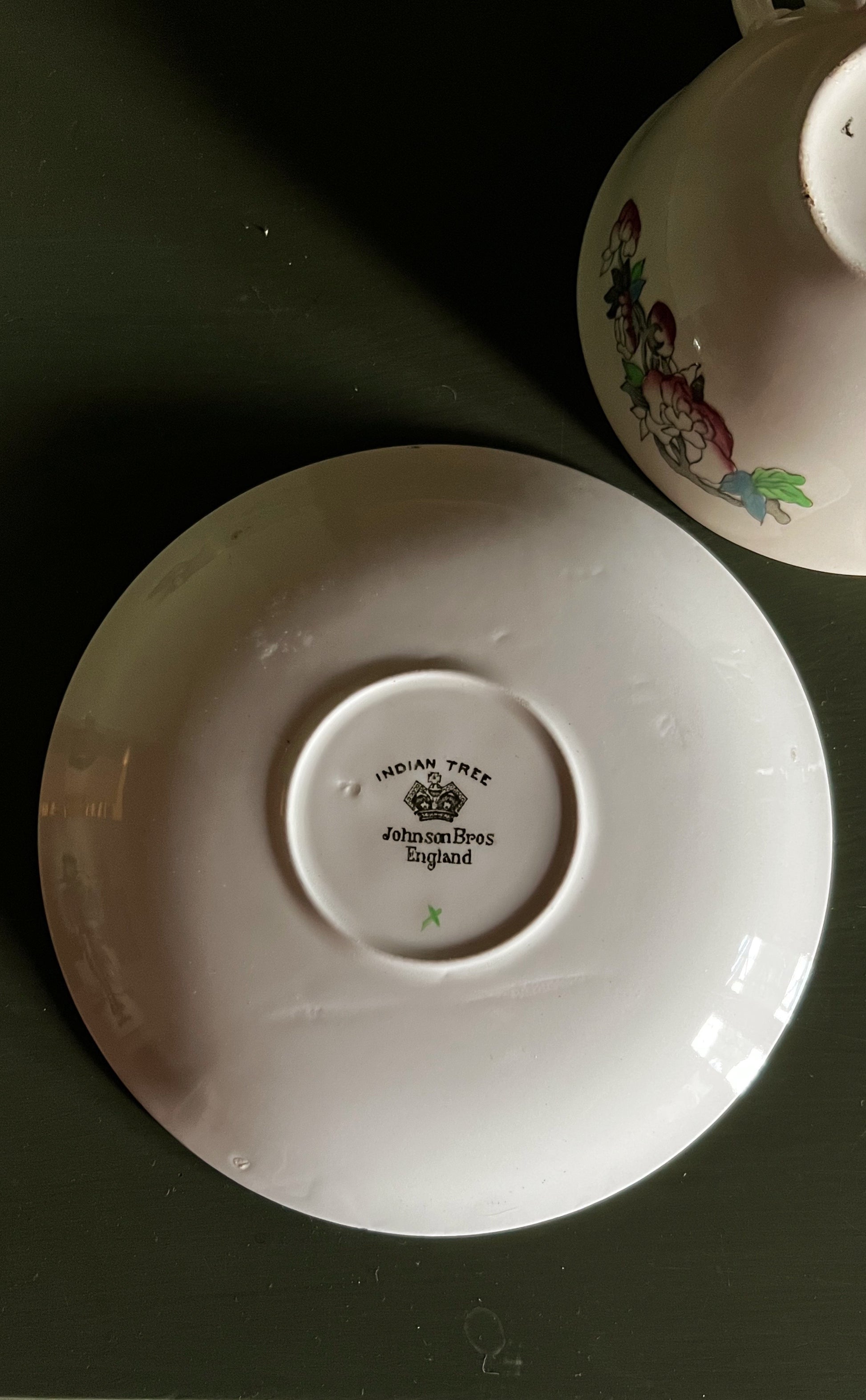 Johnson Brothers Indian Tree saucer underside with Green Key backstamp