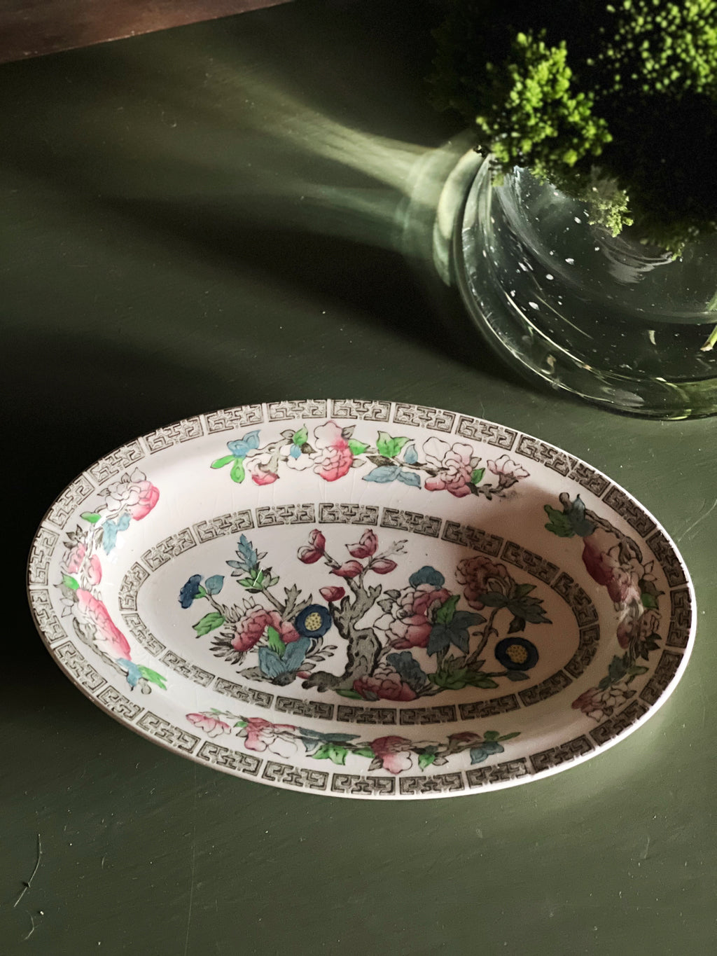 Vintage Johnson Brothers Indian Tree relish tray photographed in moody reflective light