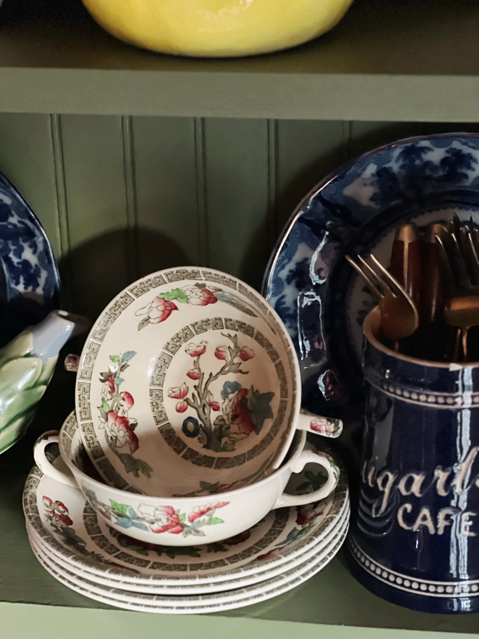 Vintage Johnson Brothers Indian Tree bouillon bowl and saucer styled in collected cottage cabinet
