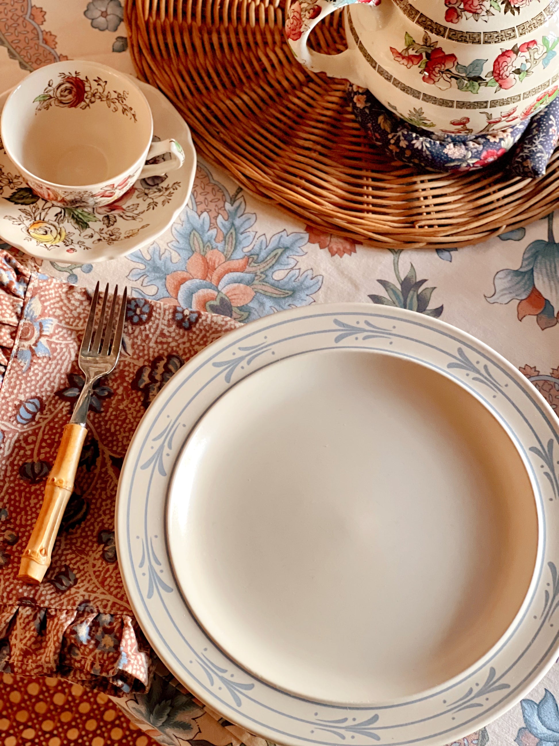 Vintage Japanese Blue Leaf Stoneware Dinner Plate