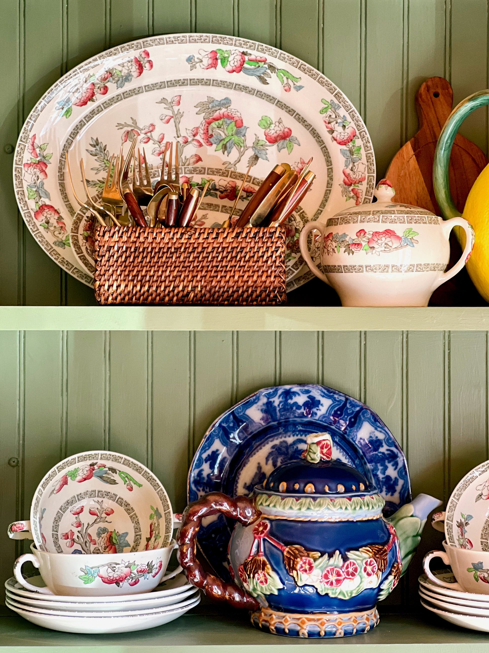 English cottage kitchen shelf styling with vintage transferware