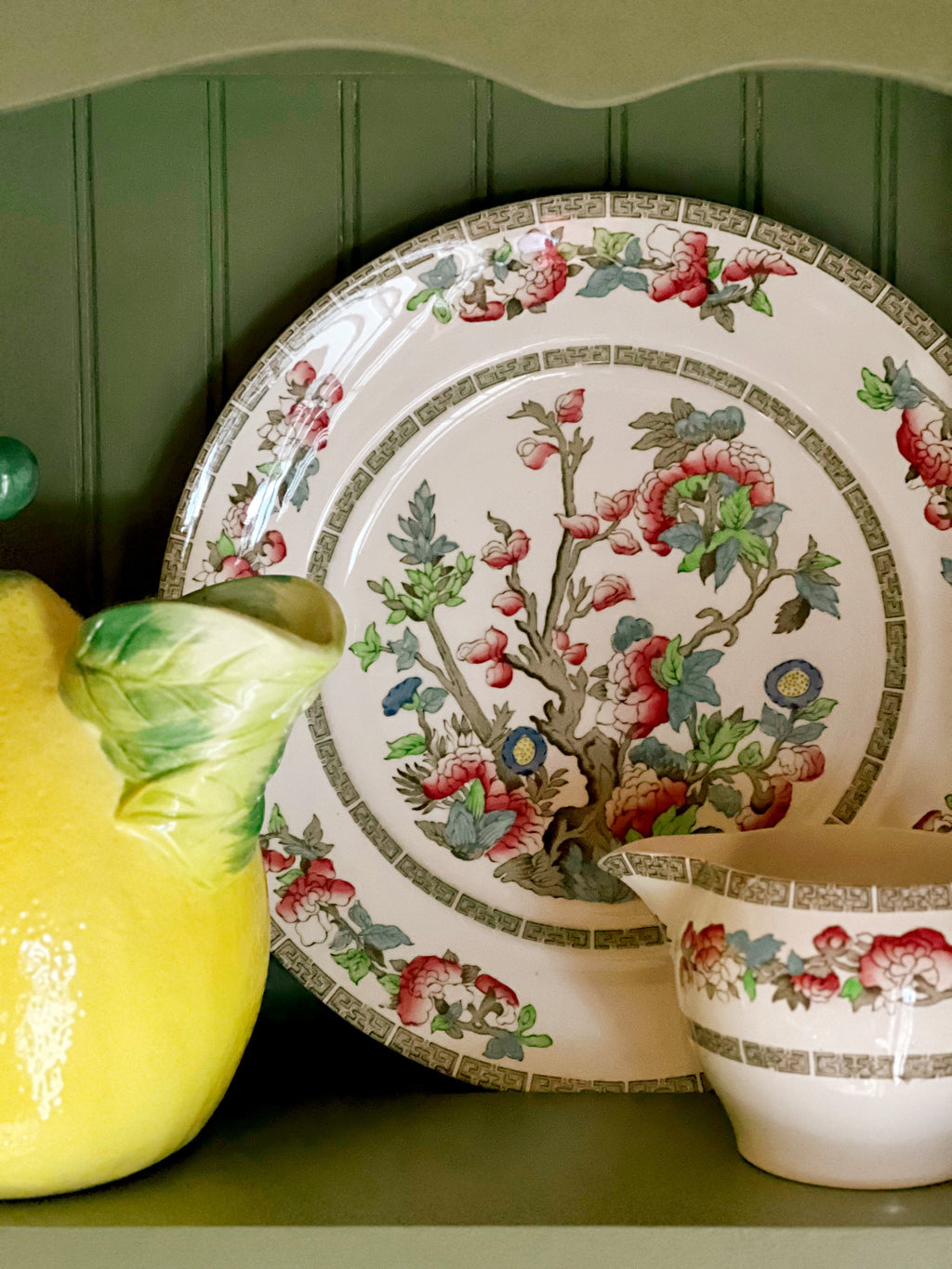 Open stock Indian Tree dinner plate styled for cottage dining