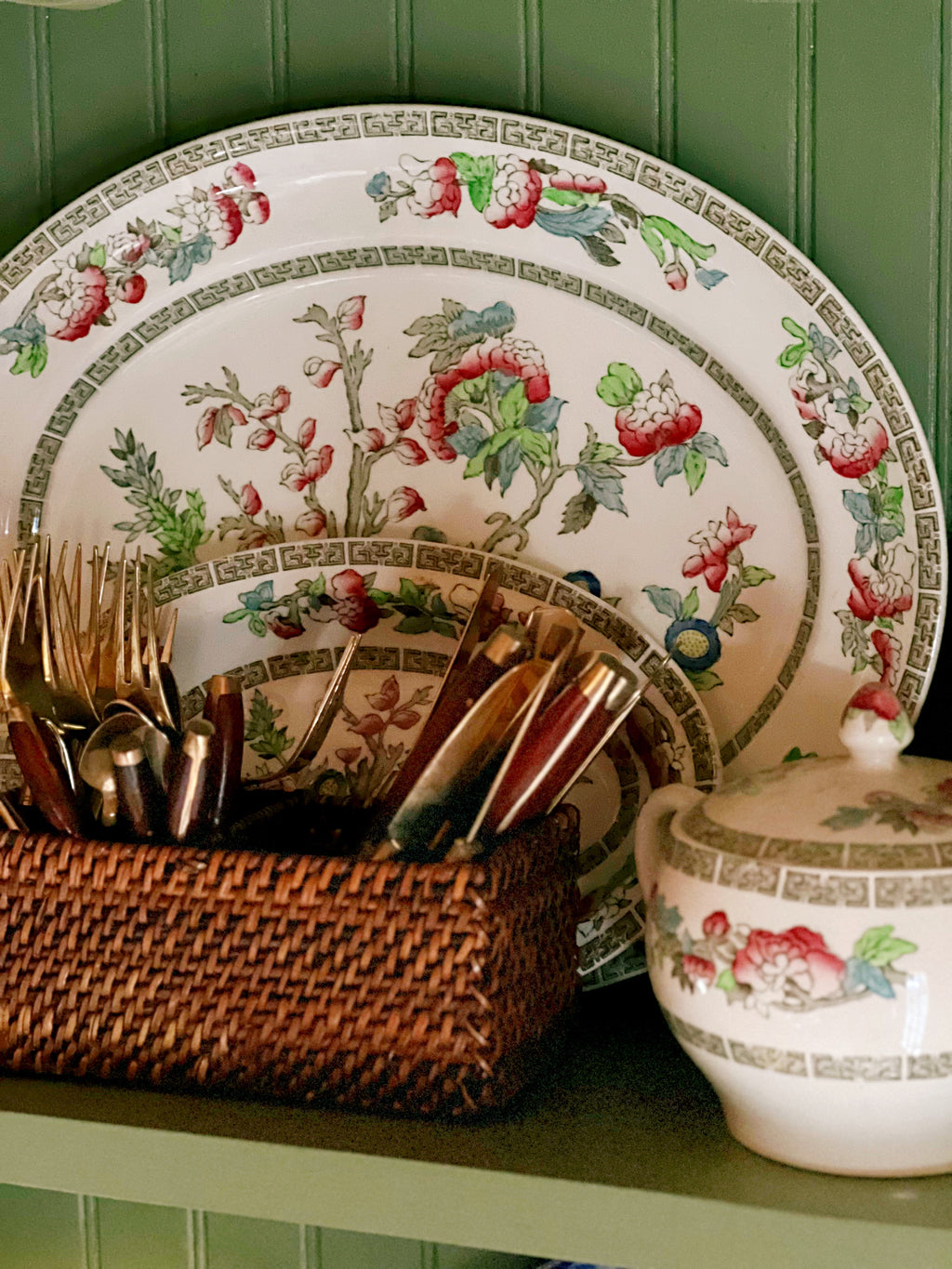 Johnson Brothers Indian Tree serving tray beside collected vintage kitchen decor