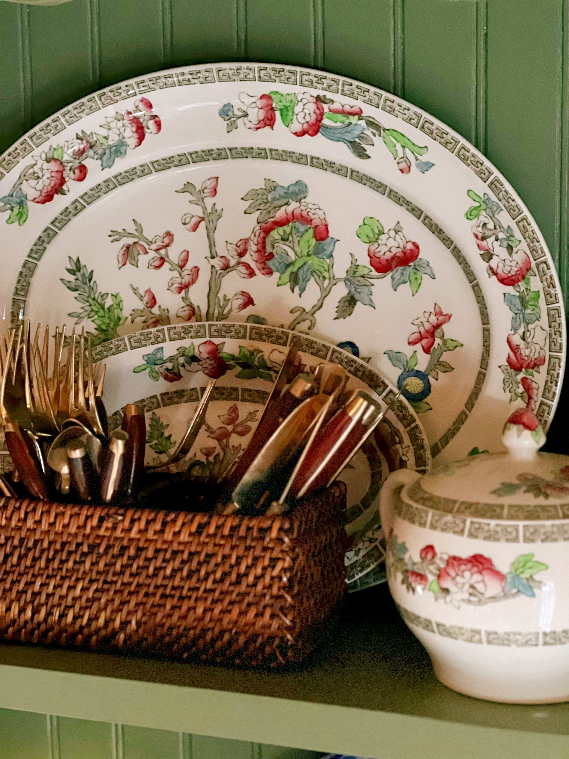 Johnson Brothers Indian Tree serving tray beside collected vintage kitchen decor