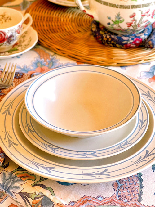 side view of a stack of Blue Leaf Japan stoneware dinnerware 